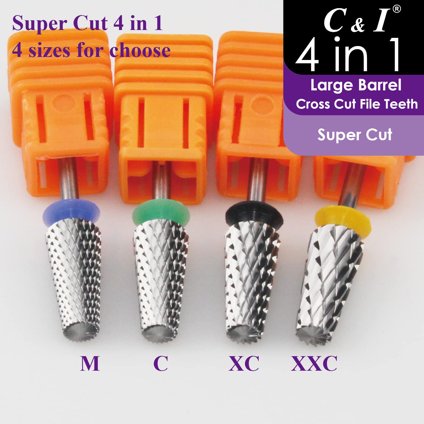 C & I Nail Drill Bit 4 in 1 Super Cut E-File, Multi-function plus Upgrade File-Teeth, Large Barrel & Cross Cut, for Manicure Drill Machine, Help Nail Tech to Remove Nail Works (Coarse-C)