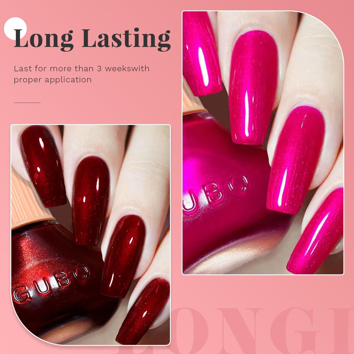 COSMOO Hot Pink with Wine Red 2pcs Nail Polish, 12ml Quick Dry Nail Lacquer, Super Lustrous Nail Enamel Polish, Shimmer Iridescent Ultrachrome Nail Art Varnish, 0.41 fl oz/pcs (Hot Pink + Wine Red)