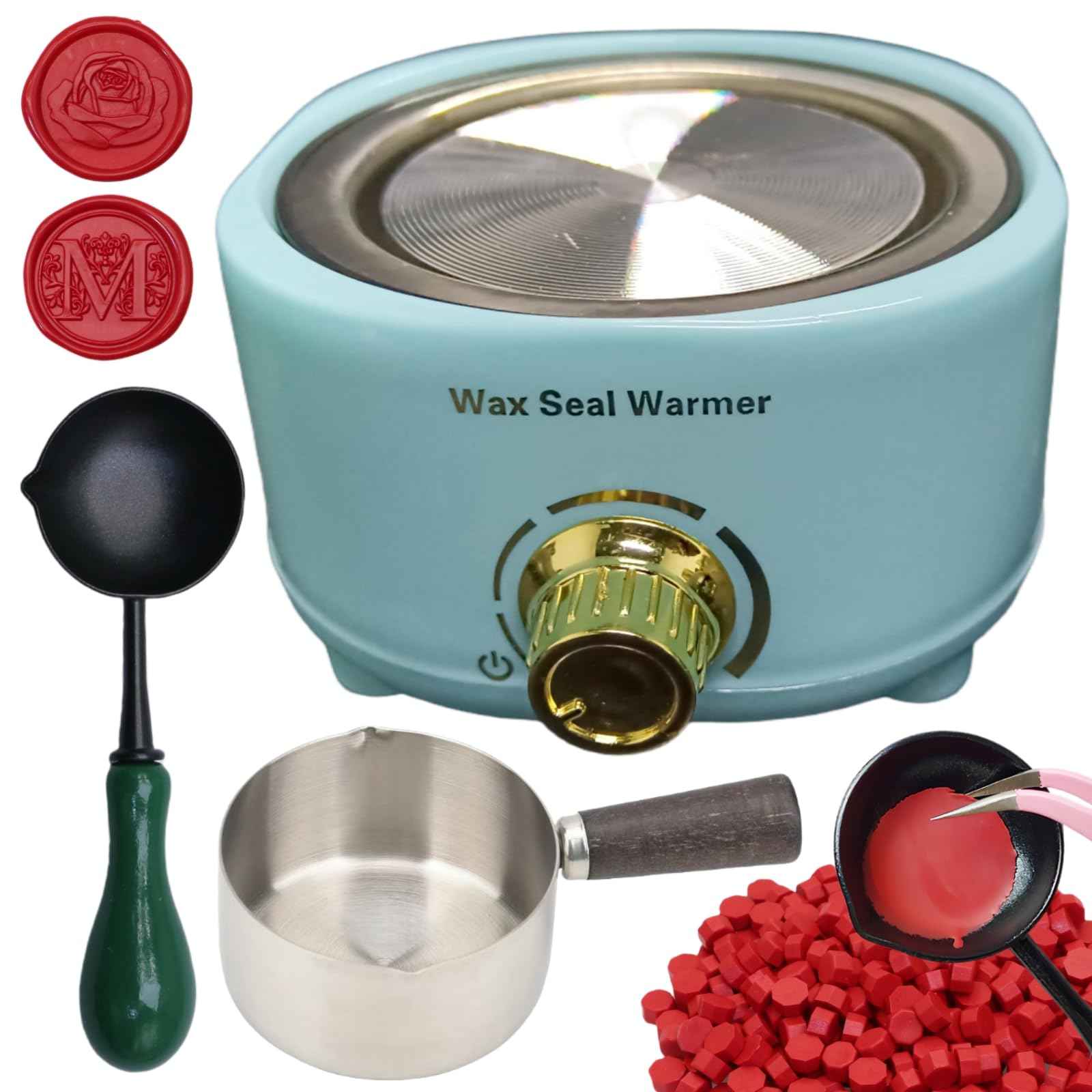 Wax Seal Warmer Electric, Blue Sealing Wax Warmer Furnace Kit Includes 1Pcs 80ml Large Spoon and 1Pcs Non-Slip Spoon Sealings Stamp Melting Warmer Great Tool for Melt Waxs Seals Sticks Beads (Blue)