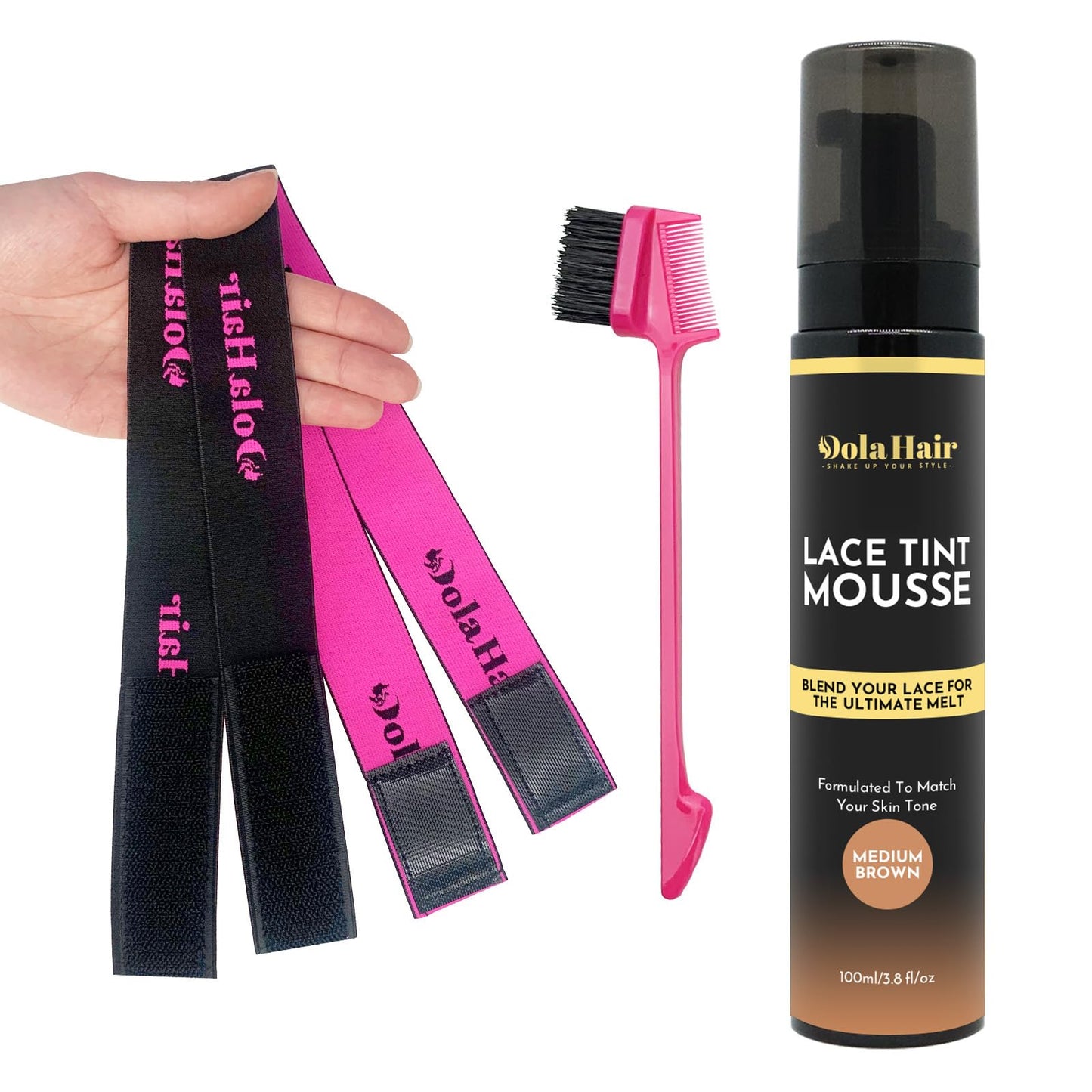 Dolahair Lace Tint Spray for Wigs Melt, Medium Brown Wig Tint Lace Spray Lace Melting Foam Lace Tint Mousse for Wigs Melt Lace Wigs Melting with 2 Pcs Lace Melting Band, Elastic Bands for Wigs