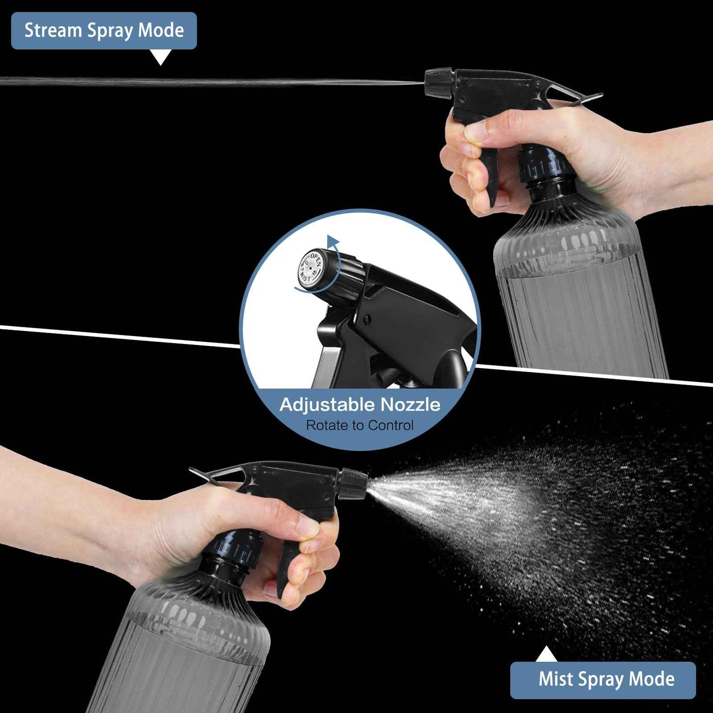 paeyaer 2 Pcs Spray Bottles, 18 oz Empty Water Spray Bottles, Plastic Reusable Adjustable Mist Sprayer Squirt Bottles Containers Refillable for Cleaning Solutions, Gardening, Plants