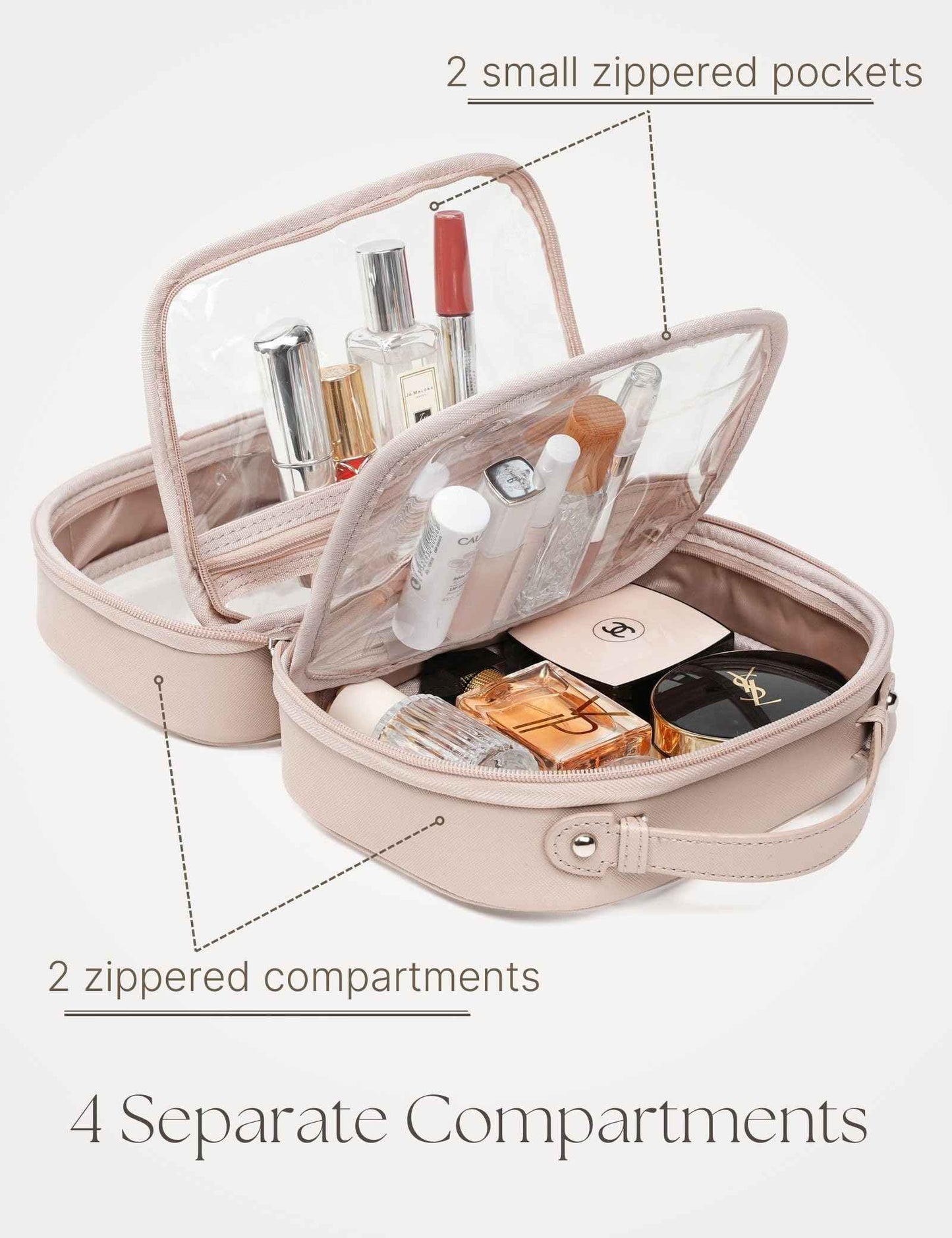 Oaque Clear Cosmetic Bag Double Layer Travel Toiletry Bag Clear Makeup Bag Case with 4 Compartments, Transparent Travel Bag for Toiletries, Large Toiletry Bag for Women Cosmetic Case (Taupe, Large)