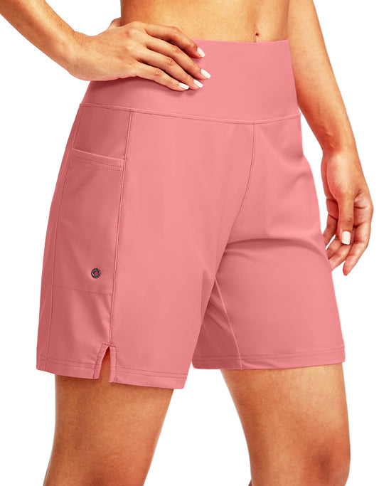 G Gradual Women's 7" Long Swim Board Shorts High Waisted Quick Dry Beach Swimming Shorts for Women with Liner Pockets(Hyper Pink,S)