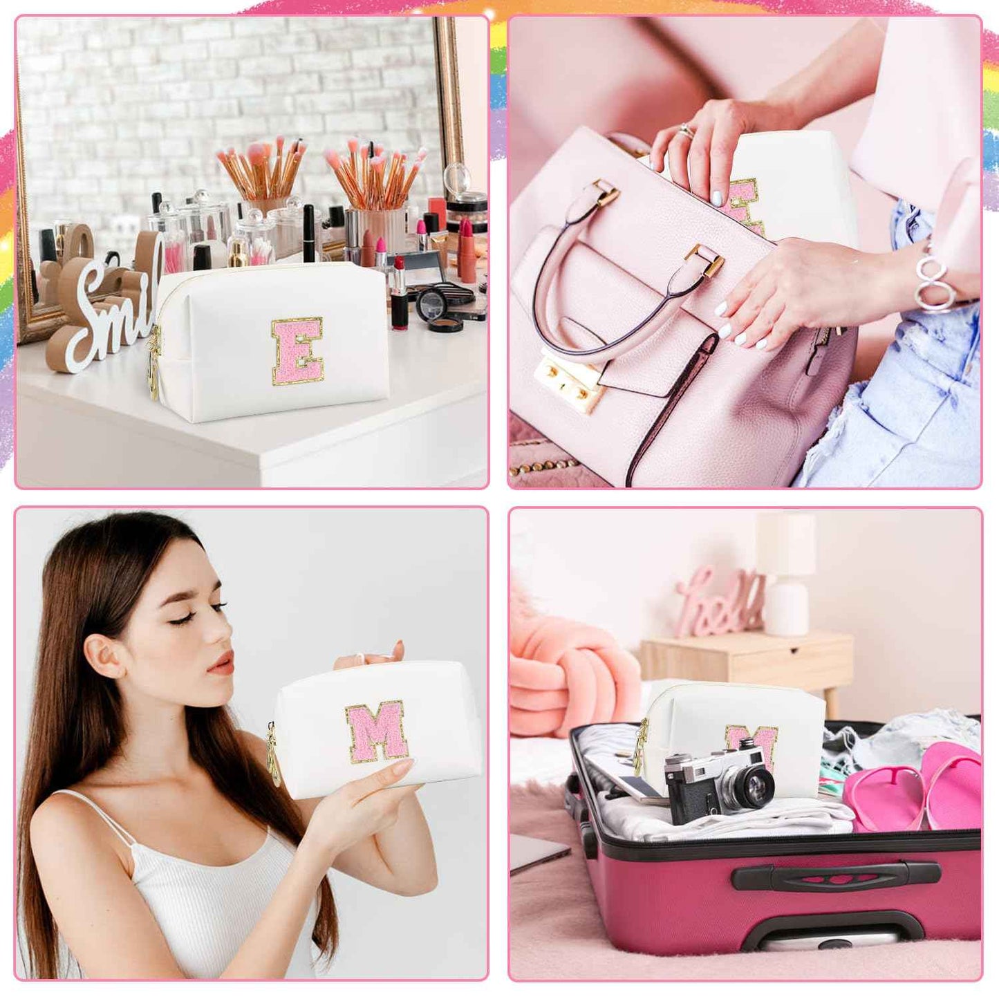 Gosuoa Initial Makeup Bag,Personalized preppy bag Waterproof PU Leather Chenille Letter Cosmetic Bag,Portable Travel Toiletry Bag Monogram Birthday Gift for Women Girls Mom Friends (Letter E)