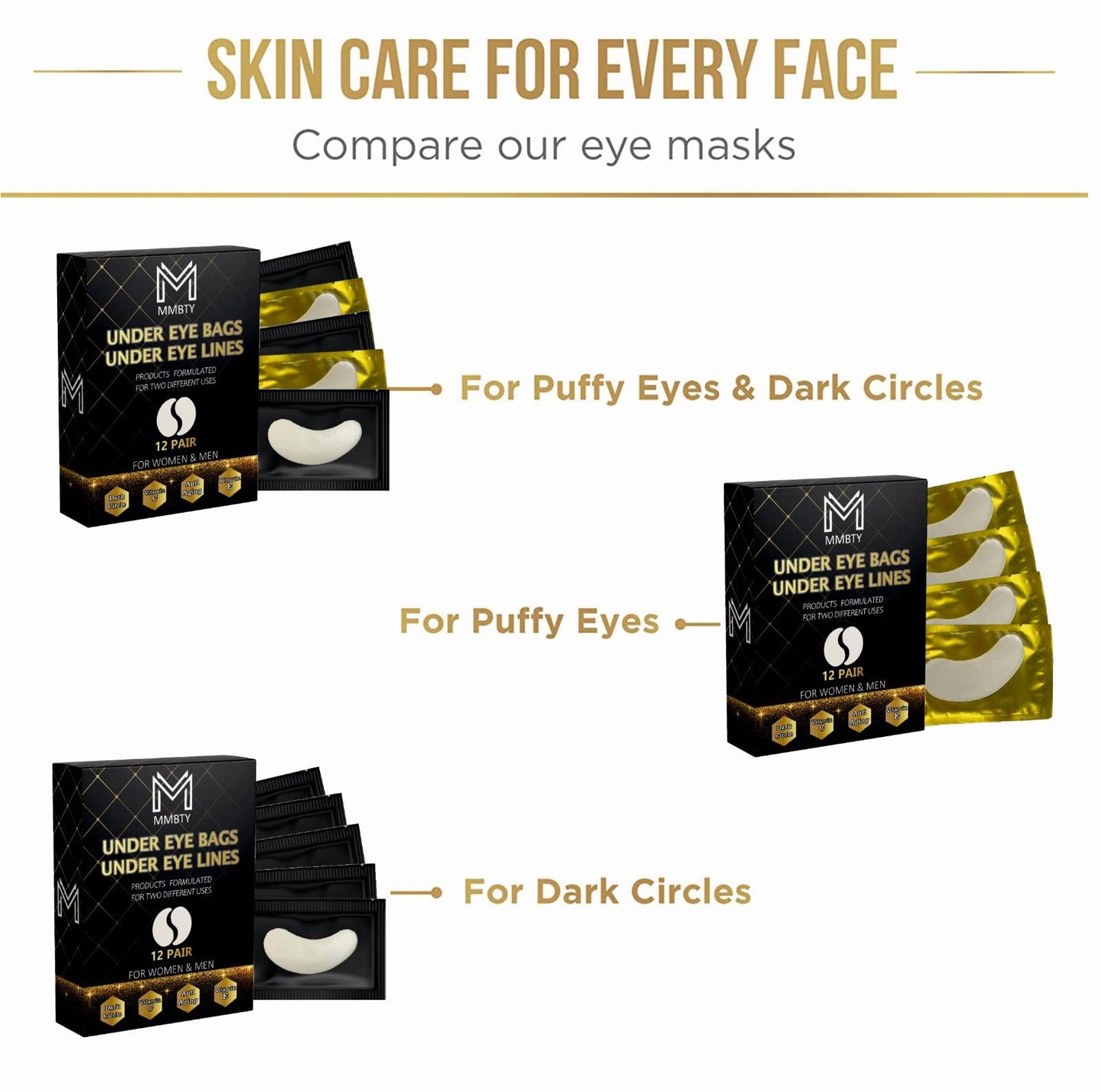 MMBTY 2 in 1 Under Eye Patches 12 Pairs, Under Eye Lines, Under Eye Bags, Eye Masks for Dark Circles And Puffy Eyes, Eye Masks for Skin Care, Gold Eye Patches for Puffy Eyes,Eye Masks for Rare Beauty