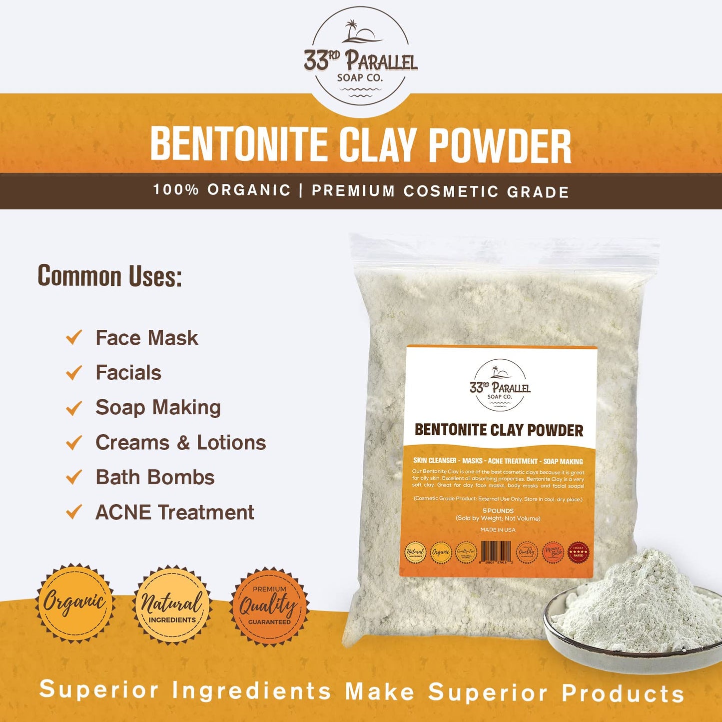 Organic BENTONITE Clay Powder (1 LBS / 16 oz) Organic 100% Natural Cosmetic Grade | Facials, Face Mask, Soap Making, Creams & Lotions, Bath Bombs | (1 Pound)