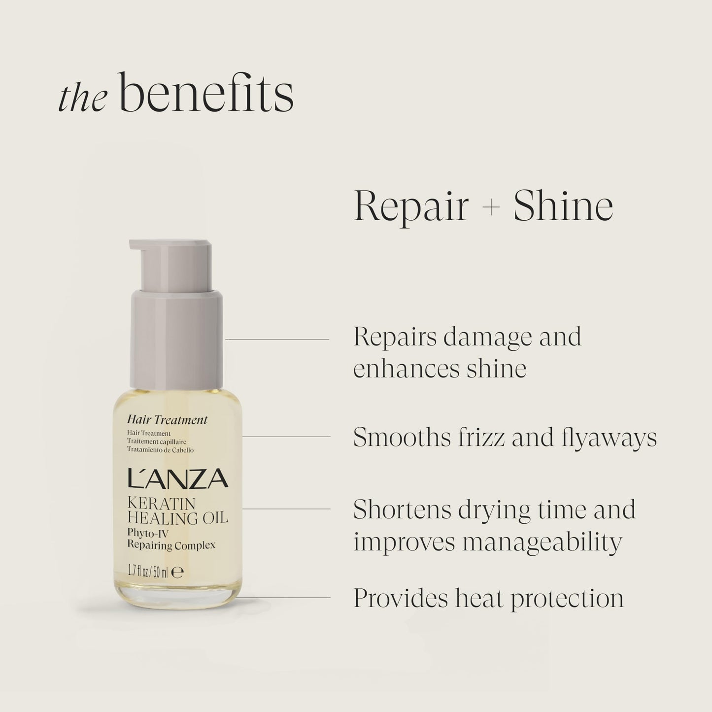 L'ANZA Keratin Healing Oil Hair Treatment, Hair Oil Revives & Nourishes Dry Damaged Hair & Scalp, Sulfate Free with Phyto IV Complex, Cruelty Free Volumizing Hair Care with UV Protection (1.7 Fl Oz)