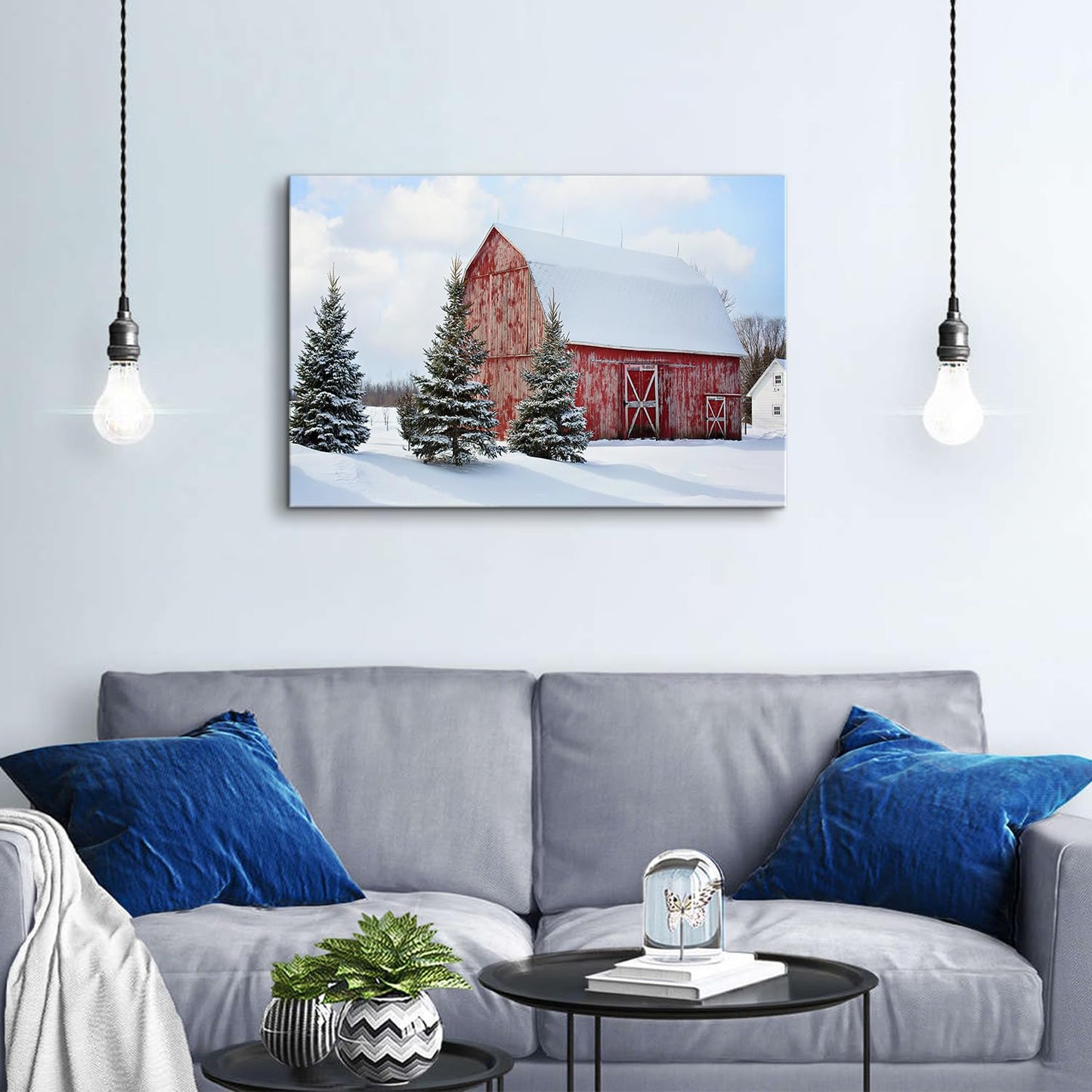 Christmas Canvas Wall Art Rustic Farmhouse Red Old Barn Landscape Pictures Wall Decor 24 x 36 Snowy Wilderness Christmas Tree Posters Framed Artwork for Home Living Room Bedroom Aesthetic Decoration