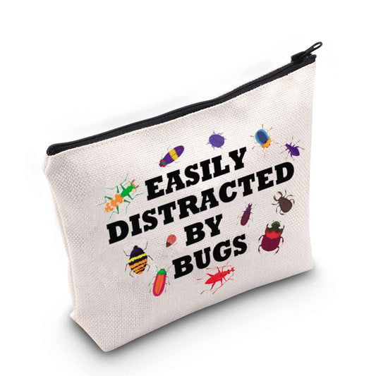 G2TUP Bug Lover Cosmetic Bag - Insect Collector Gift - Easily Distracted By Bugs White Travel Bag With Zipper