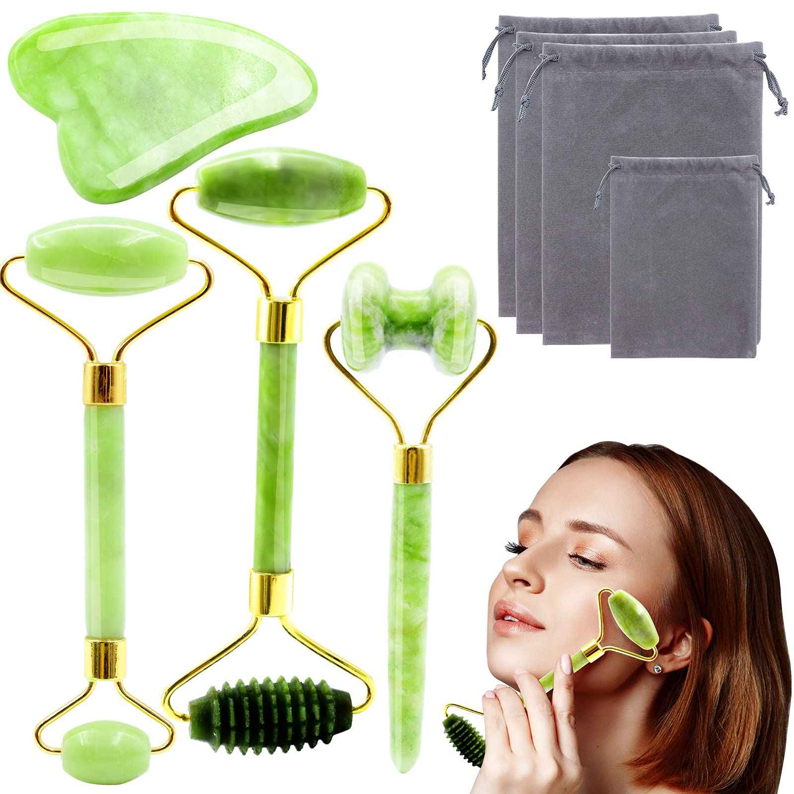 Jade Roller & Gua Sha Set, 4 in 1 Gua Sha Facial Massage Tool Beauty Face Roller Tools for Neck, Eyes, Body Muscle Relaxing and Relieve Fine Lines and Wrinkles