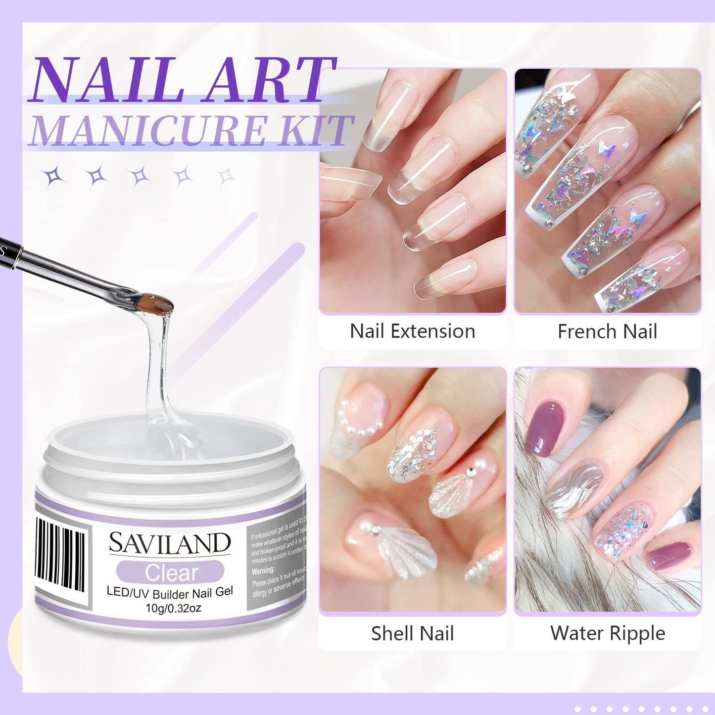 SAVILAND Builder Nail Gel Set - 2 Basic Colors Nail Extension Kit Clear Nude Nail Strengthen Gel with Nail Brush 100 Pcs Nail Forms for Nail Extension at Home Nail Salon, Nail Art DIY