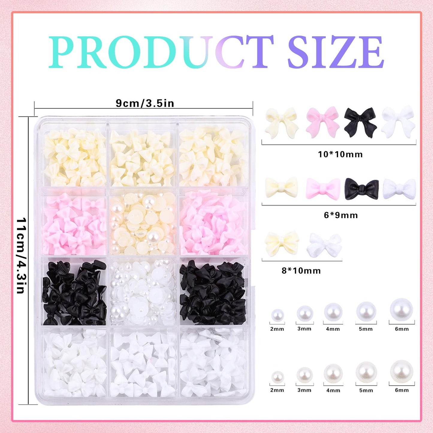 RODAKY Bow Nail Charms and Flatback Pearls with B7000 Glue,Pink Black 3D Cute Bowknot Nail Charms for Acrylic Nails Design,Resin White Acrylic Half Pearls Charms for Nail Art DIY Decoration