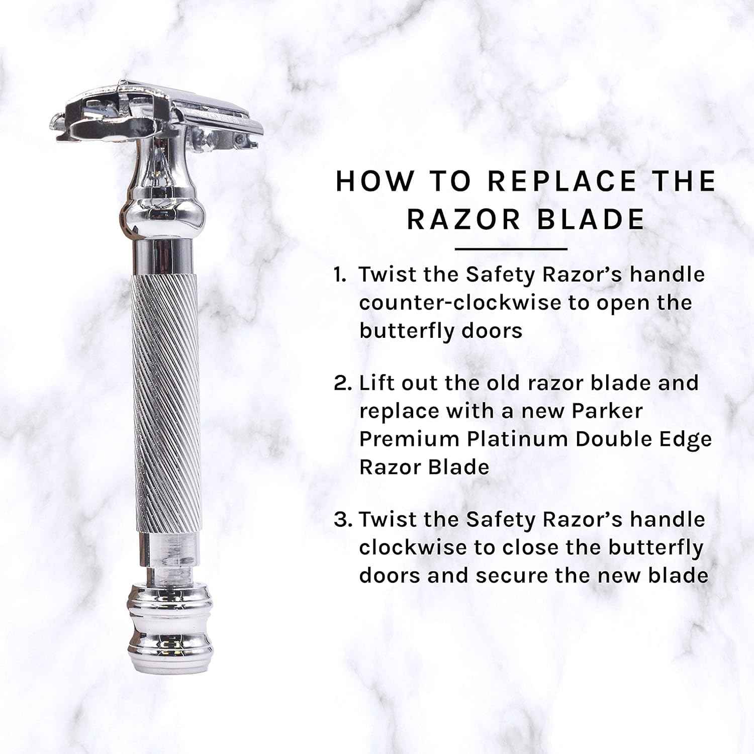 Parker 99R Chrome Long Handle Heavyweight Butterfly Open Double Edge Safety Razor for Men | 5 Parker Premium Platinum Double Edge Razor Blades Included | Iconic Brand