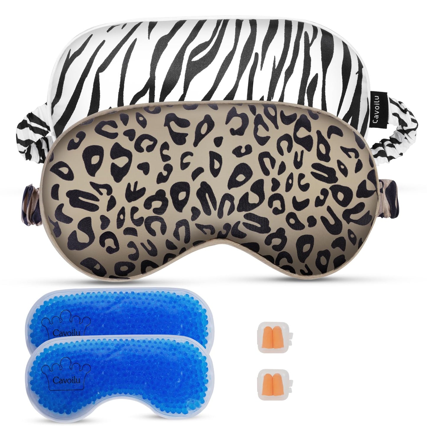 Cavoilu Sleep mask w/Cooling Gel Eye Mask, 2Packs Heated Eye Mask for Sleeping, Reusable Ice Silk Blackout Eye Cover Sleeping Mask for Travel, Home, Office, Yoga, Stocking Stuffers (Zebra+Leopard)