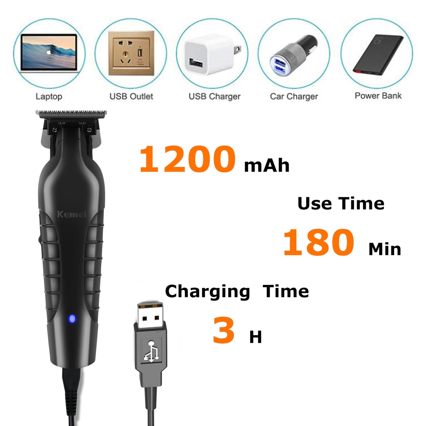 KEMEI 2299 Professional Hair/Beard Trimmer for Men Zero Gapped Hair Clippers for Barber with T Blade, Cordless Rechargeable