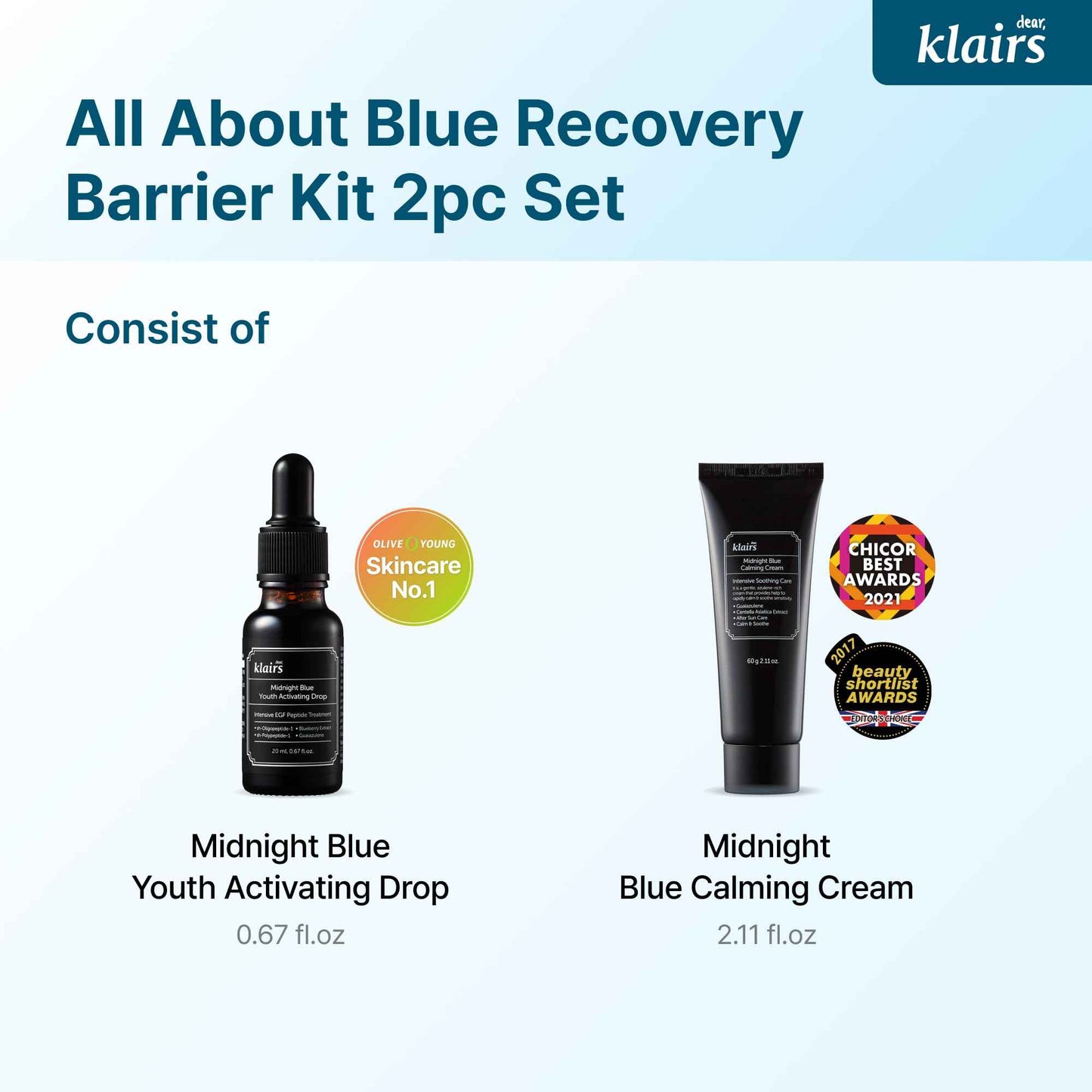 DearKlairs Midnight Blue Barrier Soothing Kit | Activating Drop and Cream Routine Duo for Oily, Troubled, Sensitive Skin, Rapidly calms and Soothe Sensitivity (2.78 Fl Oz (Pack of 1))