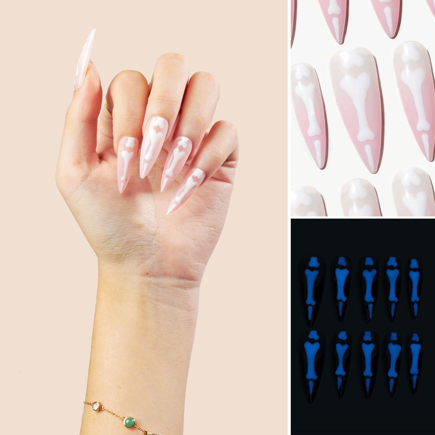 Sun&Beam Nails Handmade Press-on Long Almond Stiletto Pink White Halloween Glow In Dark Skeleton Finger Design False Nail Tips 10 Pcs (#127 S)