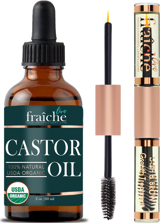 Castor Oil Organic (2oz) + Filled Mascara Tube USDA Certified, 100% Pure, Cold Pressed, Hexane Free by Live Fraiche. Hair Growth Oil for Eyelashes, Eyebrows, Hair. Lash Growth Serum. Brow Treatment