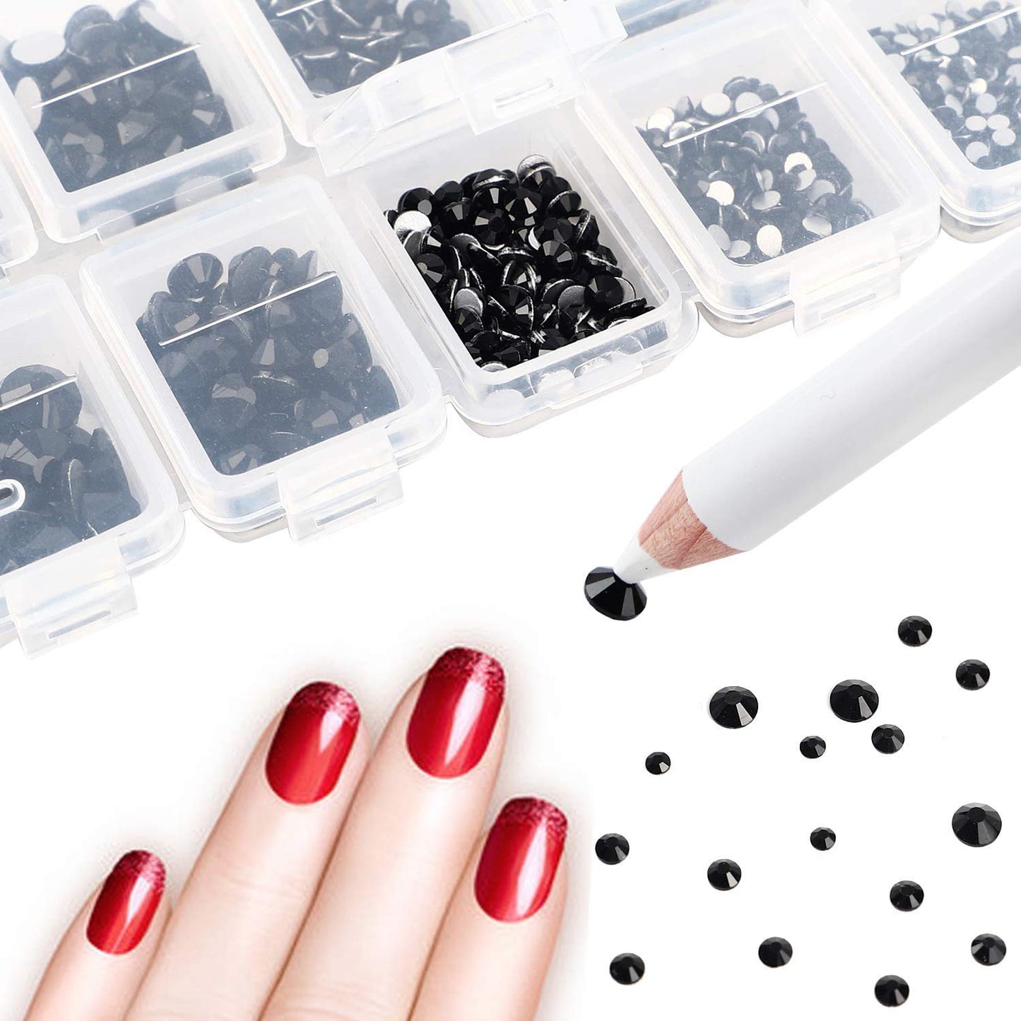 AD Beads 4300 Pieces Flat Back Nail Art Rhinestones Round Beads 6 Sizes (2-6.5mm) with Storage Organizer Box,Rhinestones Picking Pen for Nail Art Phone Decorations Crafts DIY (Black)