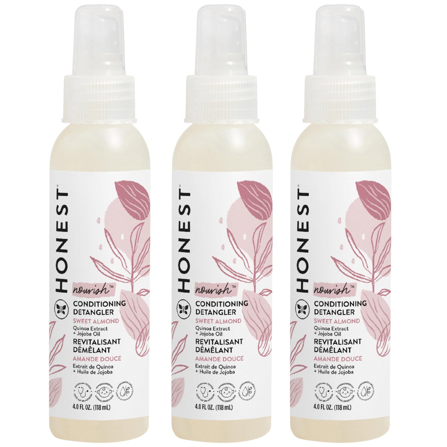 The Honest Company Conditioning Hair Detangler 3-Pack | Leave-in Conditioner + Fortifying Spray | Tear-free, Cruelty-Free, Hypoallergenic | Almond Nourishing, 4 fl oz each (pack of 3)