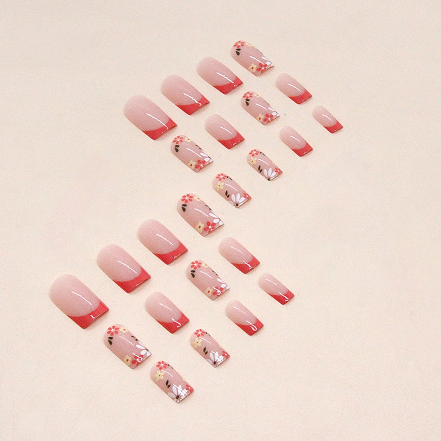 24Pcs French Tip Press on Nails Medium Length Fake Nails Flower False Nails with Design Pink Nail Tip Full Cover Artificial Nails Glossy Acrylic Nails Spring Summer Cute Stick on Nails for Women Girls