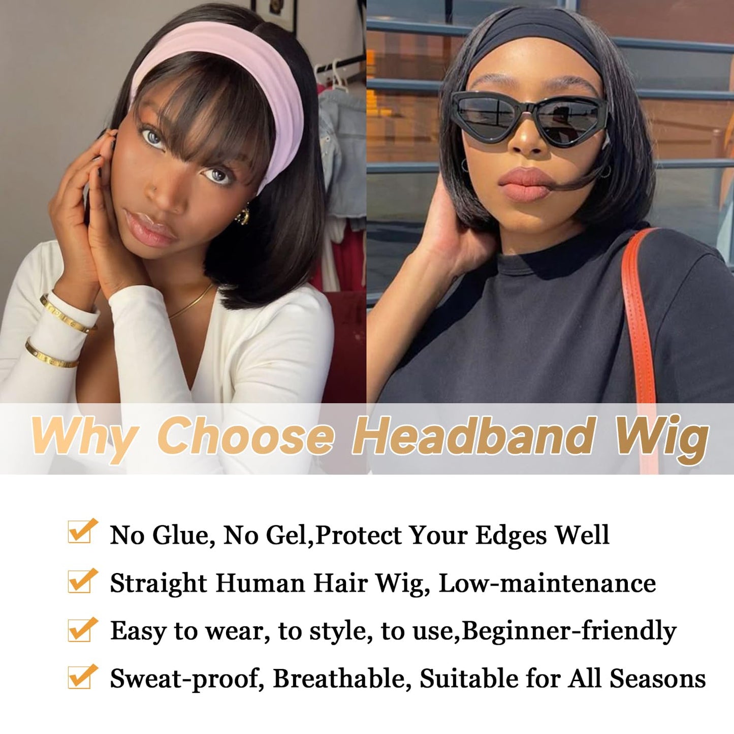 XC CLOUDS Headband Wigs Human Hair 10 Inch Bob Headband Wigs For Black Women Wear And Go Short Bob Wigs Glueless Wigs Human Hair Natural Black Headband Wig Human Hair Straight 150% Density