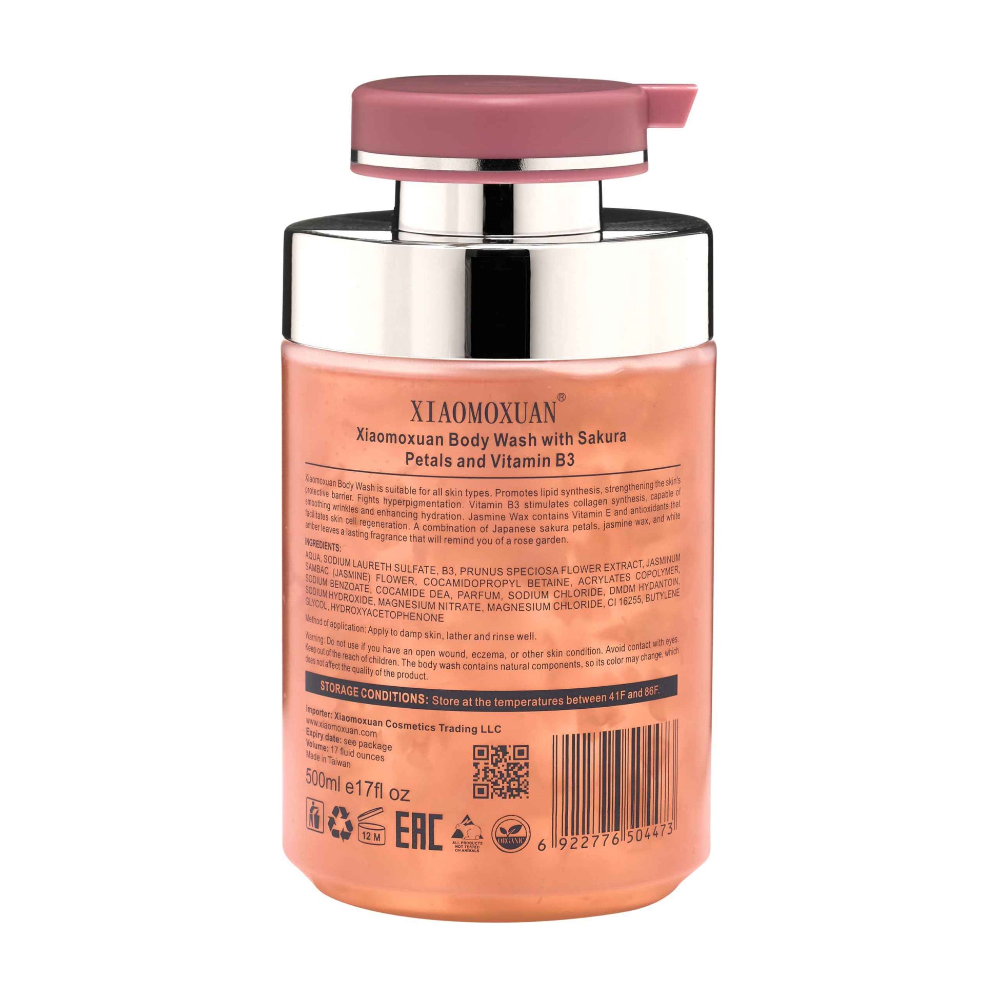 Xiaomoxuan Vitamin B3 Body Wash for Extra-Dry Skin - Jasmine and Sakura Body-Wash for Hyperpigmentation - Wrinkle-Smoothing, Cleansing and Firming Skin-Care Moisturizer with Pump for Women and Men