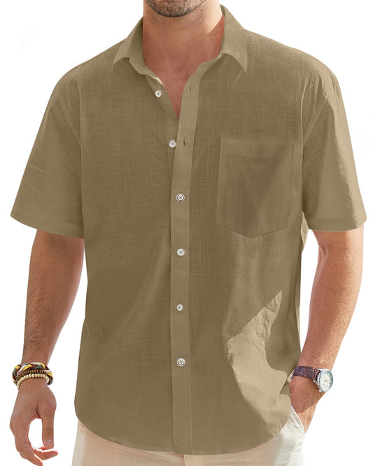 J.VER Men's Linen Cotton Button Down Shirt Lightweight Casual Wedding Short Sleeve Shirt Summer Beach Top with Pocket Dark Khaki Medium