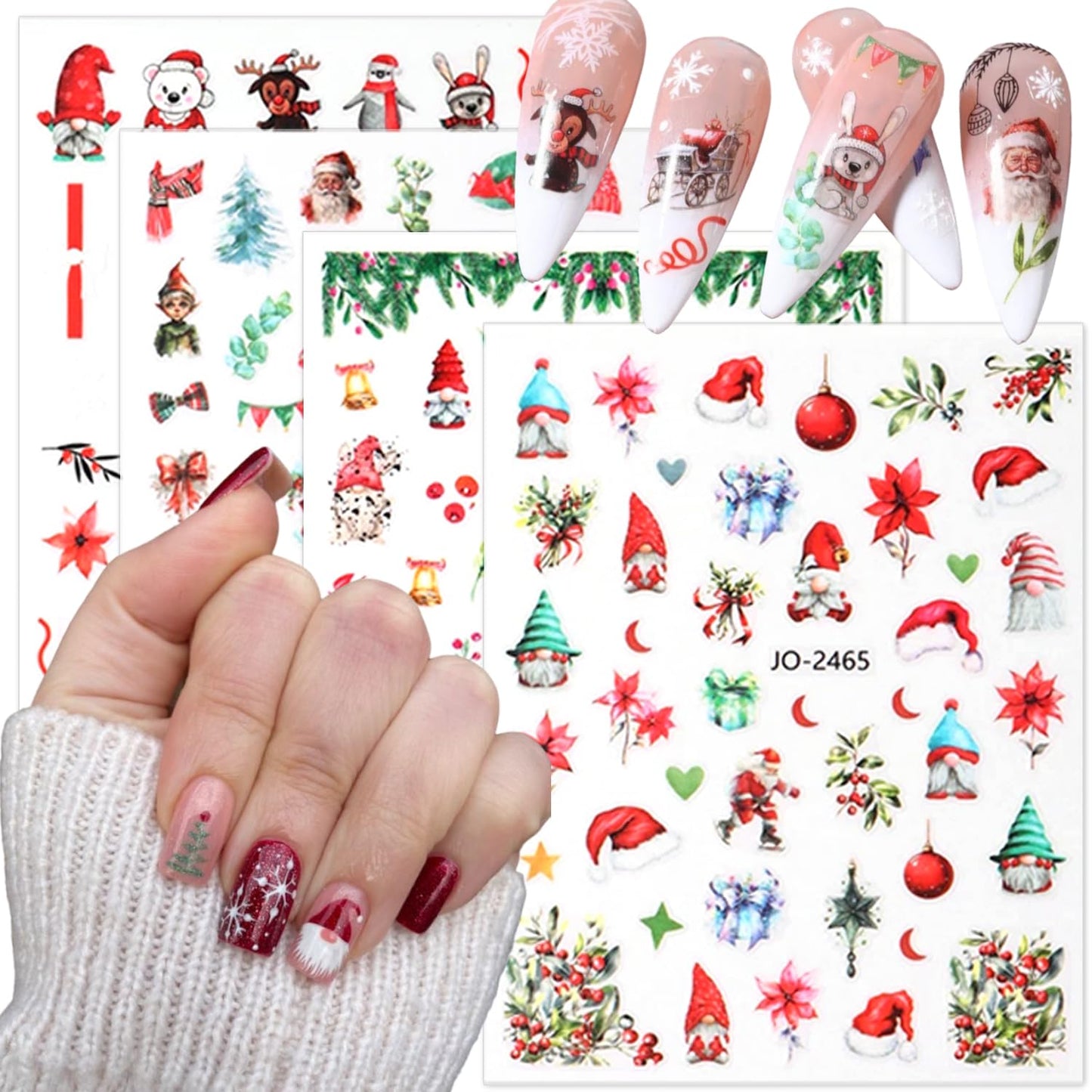 8 Sheets Christmas Nail Art Stickers 3D Self-Adhesive Cute Holiday Nail Stickers Snowmen Santa Claus Elk Designs Sticker Acrylic Nail Supplies Winter Nail Decals for Women Girls Manicure Decoration