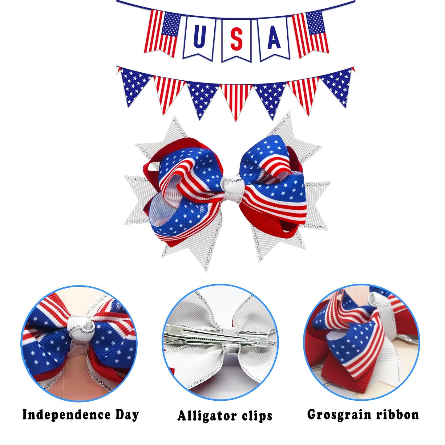 JUCCPUL 4Pcs 4th of July Hair Bows Clips for Girls American Flag Barrette Hair Bow Patriotic Stars and Stripes Hairgrips Baby Girls Women Hair Accessories 5inch