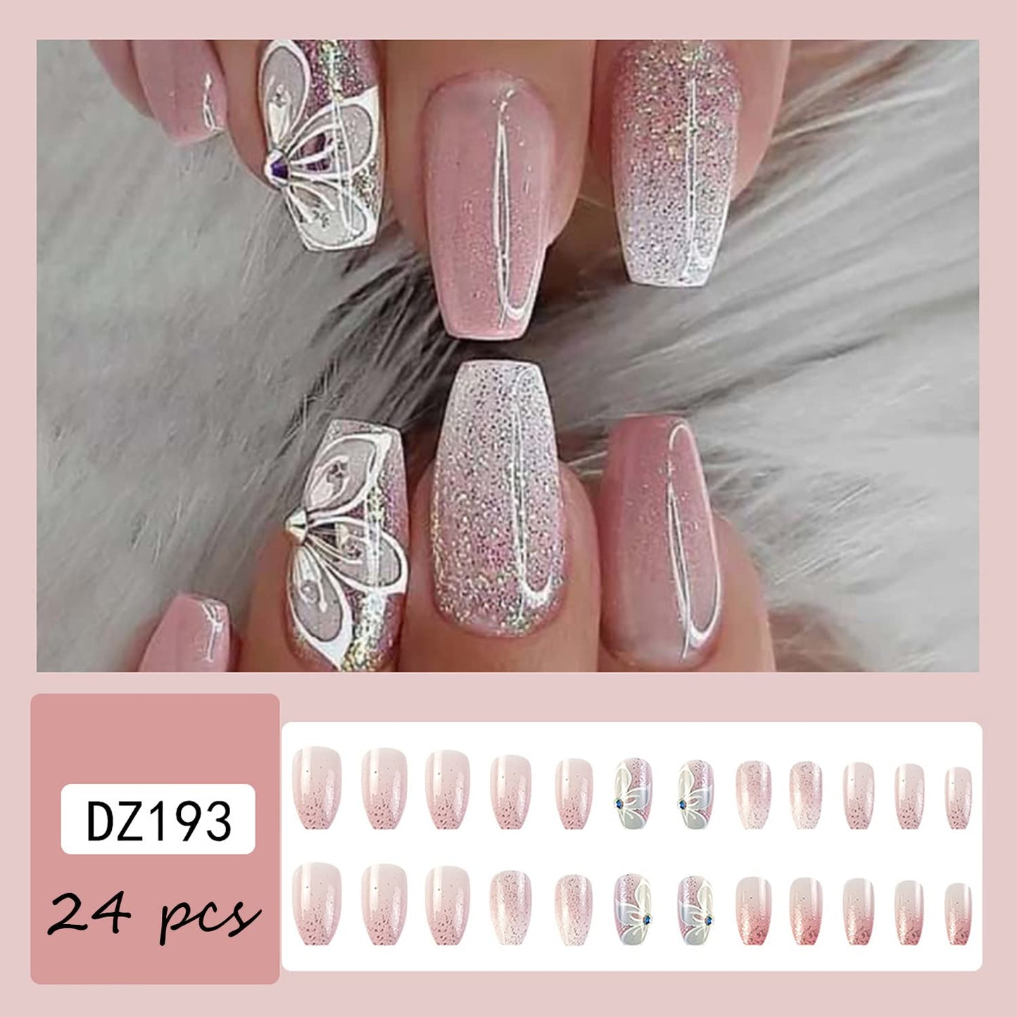 24 Pcs Medium Press on Nails Coffin Nails Glossy Acrylic Nails Summer Flower Fake Nails with Glitter Designs Full Cover False Nails for Women Girls