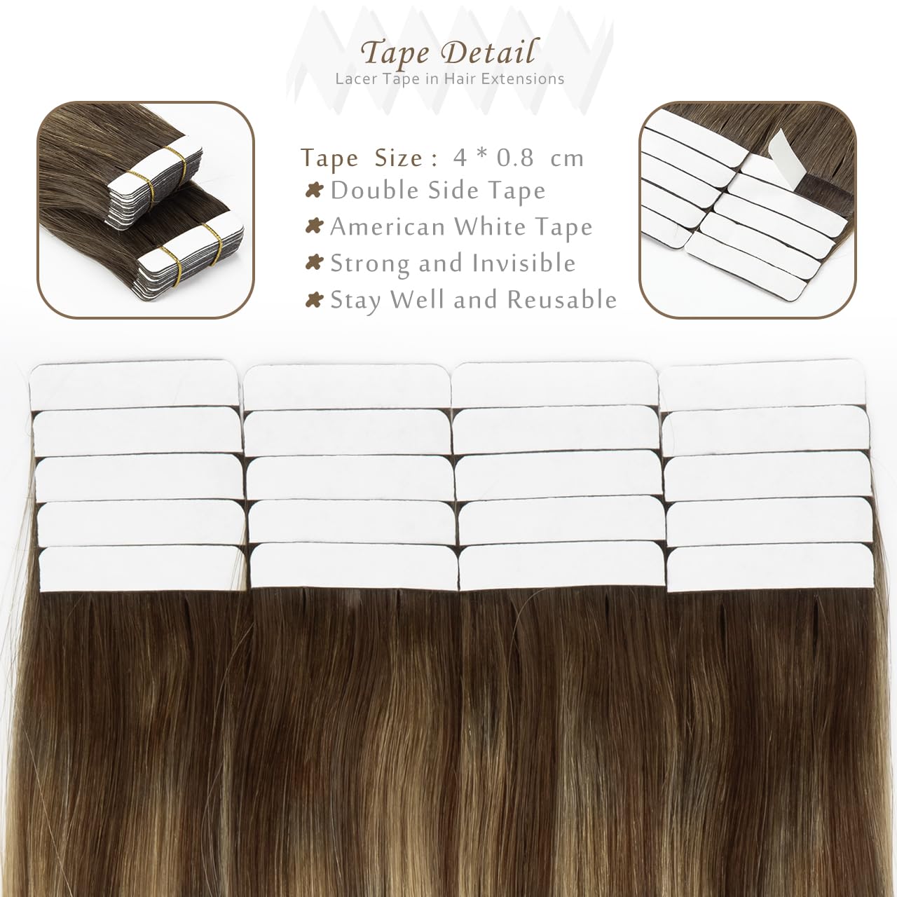 LacerHair Hair Extensions Tape in Human Hair Color #5 Dark Brown Fading to #12 Dirty Blonde with #5 Dark Brown Roots Natural Hair Extensions 20PCS 50G Tape in Straight Skin Weft 14 Inch