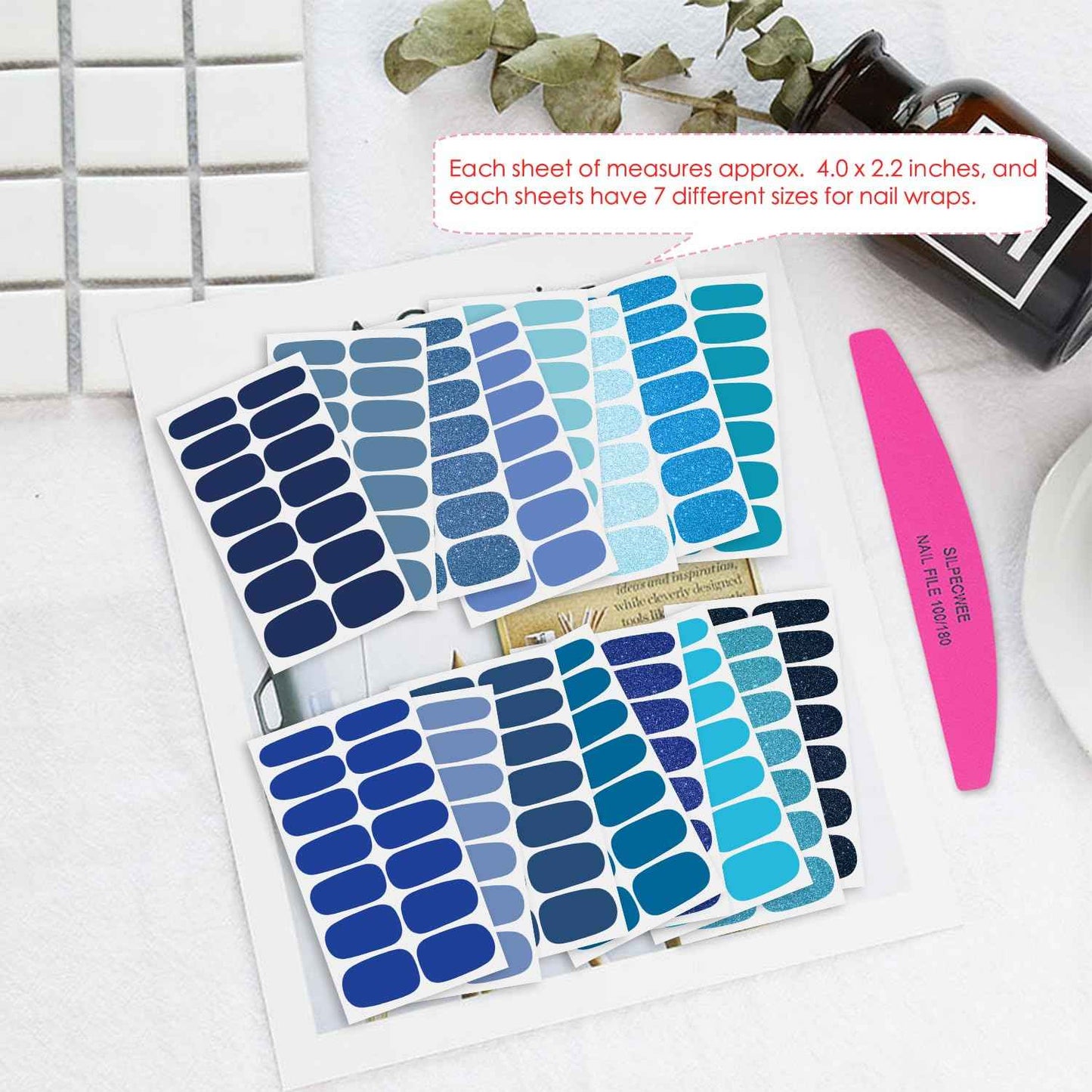 SILPECWEE 16 Sheets Blue Nail Wraps for Women Glitter Solid Color Nail Polish Stickers Stick on Nail Polish Strips Gel Nail Strips Self Adhesive Fingernail Manicure Design with Nail File