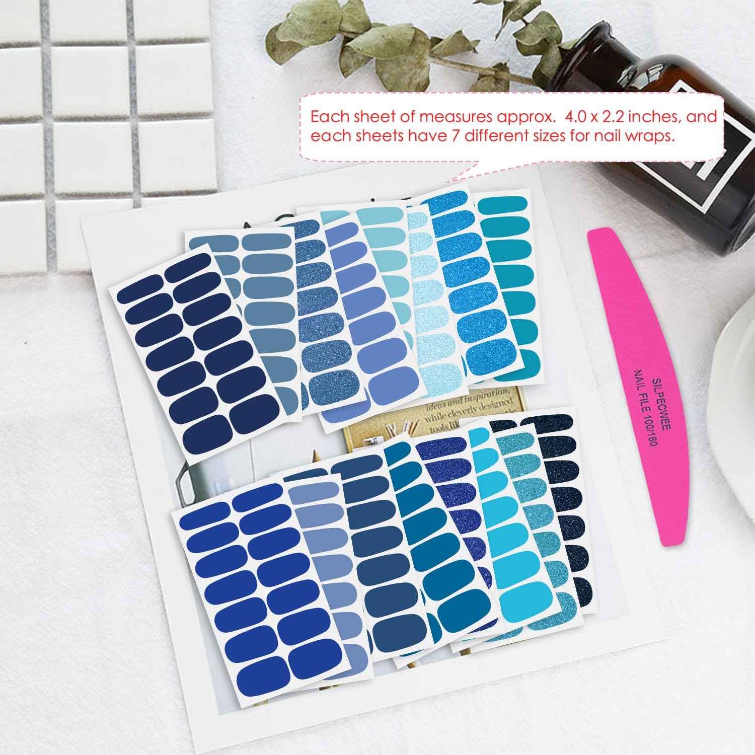 SILPECWEE 16 Sheets Blue Nail Wraps for Women Glitter Solid Color Nail Polish Stickers Stick on Nail Polish Strips Gel Nail Strips Self Adhesive Fingernail Manicure Design with Nail File