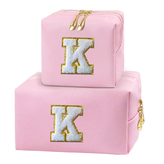 COSHAYSOO Initial Makeup Bag Pack of 2 Small Cosmetic Period Zipper Pouch Sanitary Napkin Storage with Monogram Letter Patch for Dance Teen Girl Nurse Teacher Appreciation Make Up Gift Pink K