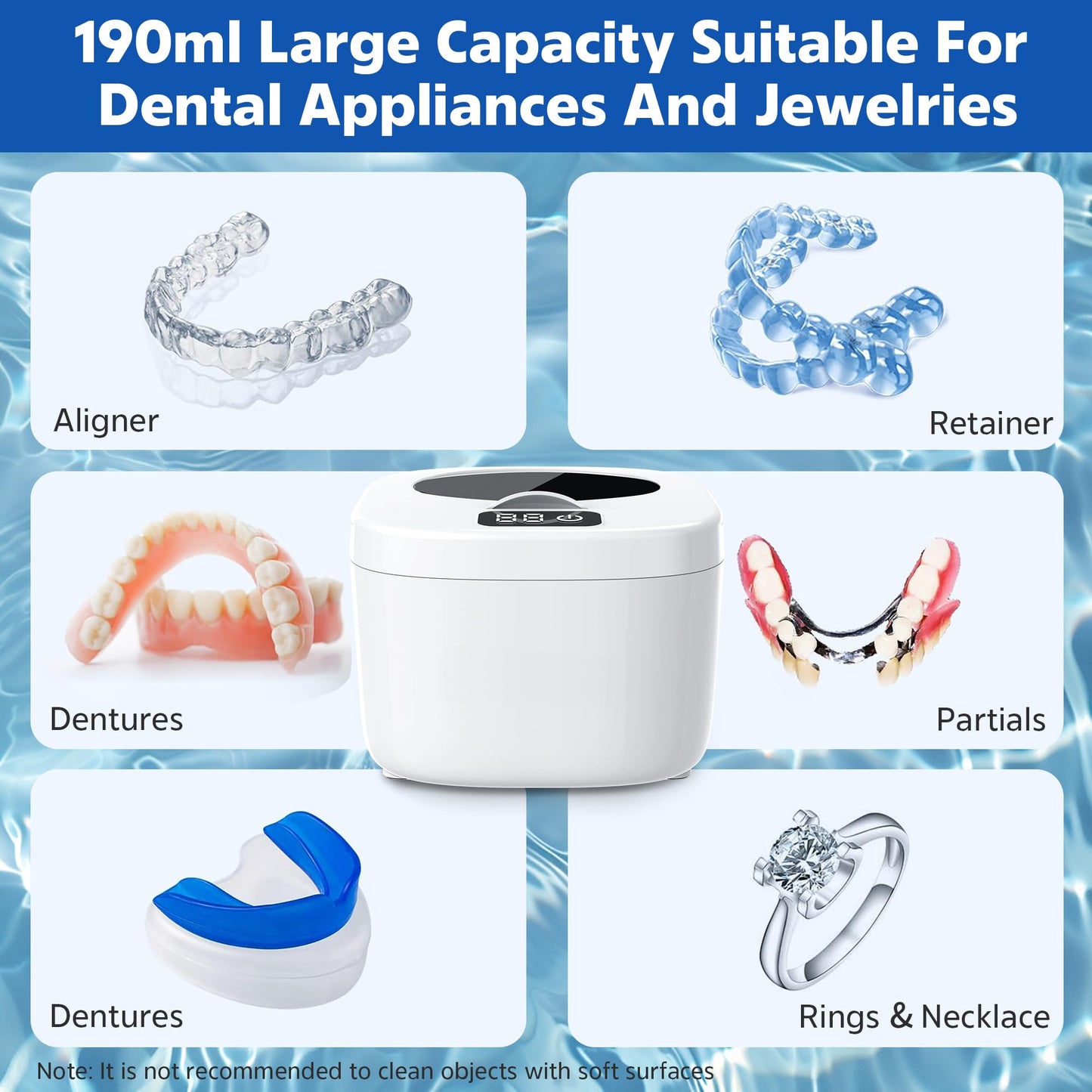 Professional Ultrasonic Retainer Cleaner Retainer Cleaning Machine - 45kHz Ultrasonic Cleaning, Suitable for Denture Mouth Guard Aligner Dental Trays