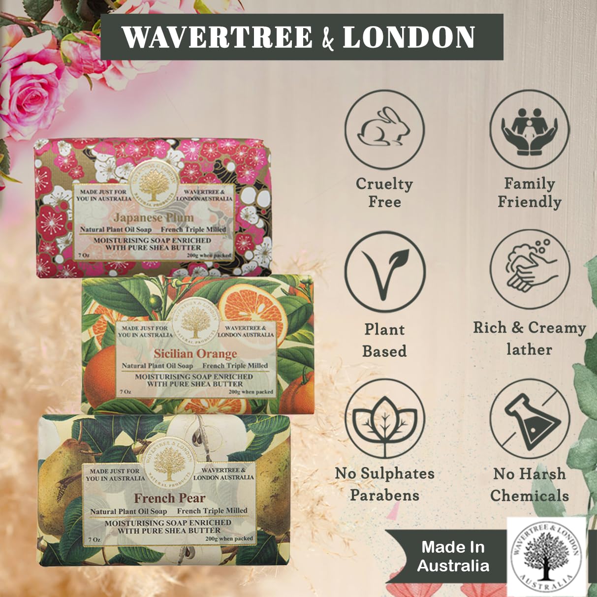 Wavertree & London Trio Gift Box (3 Bars) - 7oz Japanes Plum, French Pear and Sicilian Orange Scented Moisturizing French Triple Milled Natural Soap Bars - Pure Plant Oil Soap Bars for All Skin Types