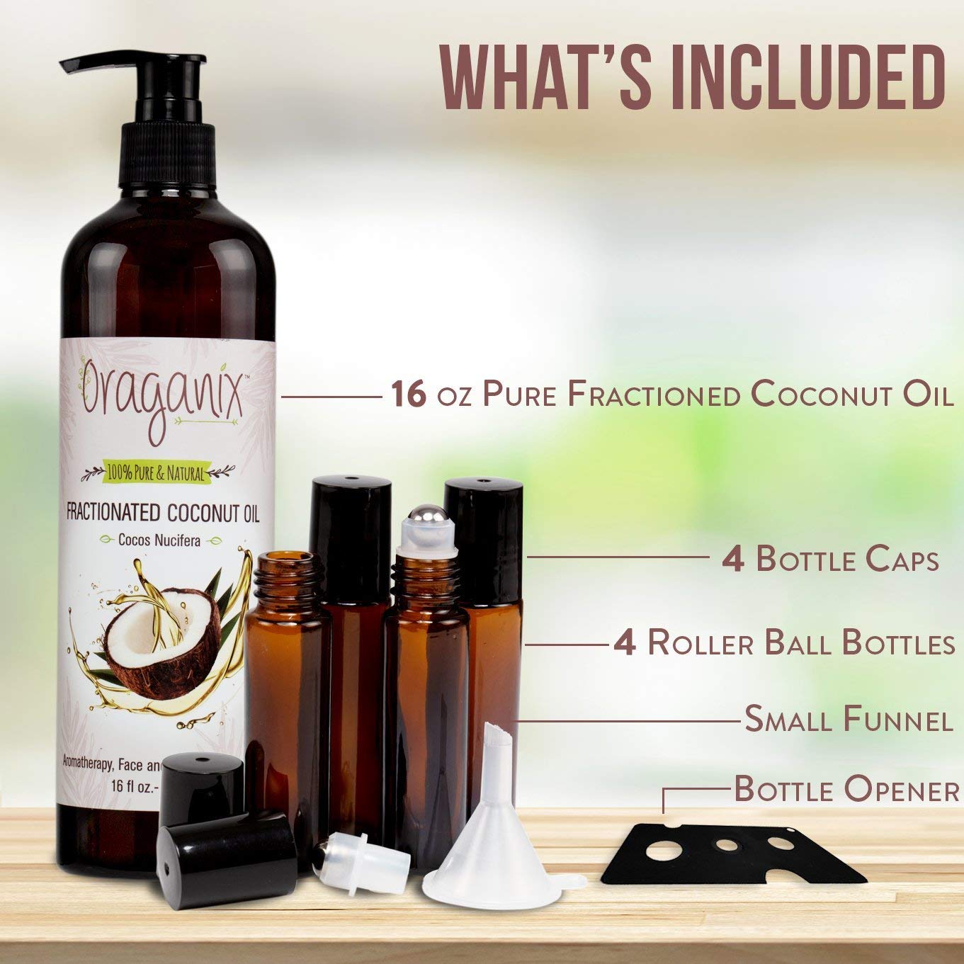 Oraganix Fractionated Coconut Oil with Roller Bottles - 100% Pure Natural 16 Oz Coconut Oil, 10ml Essential Oil Roller Bottles, Caps, Funnel and Bottle Opener - Carrier Oil for Essential Oils Mixing