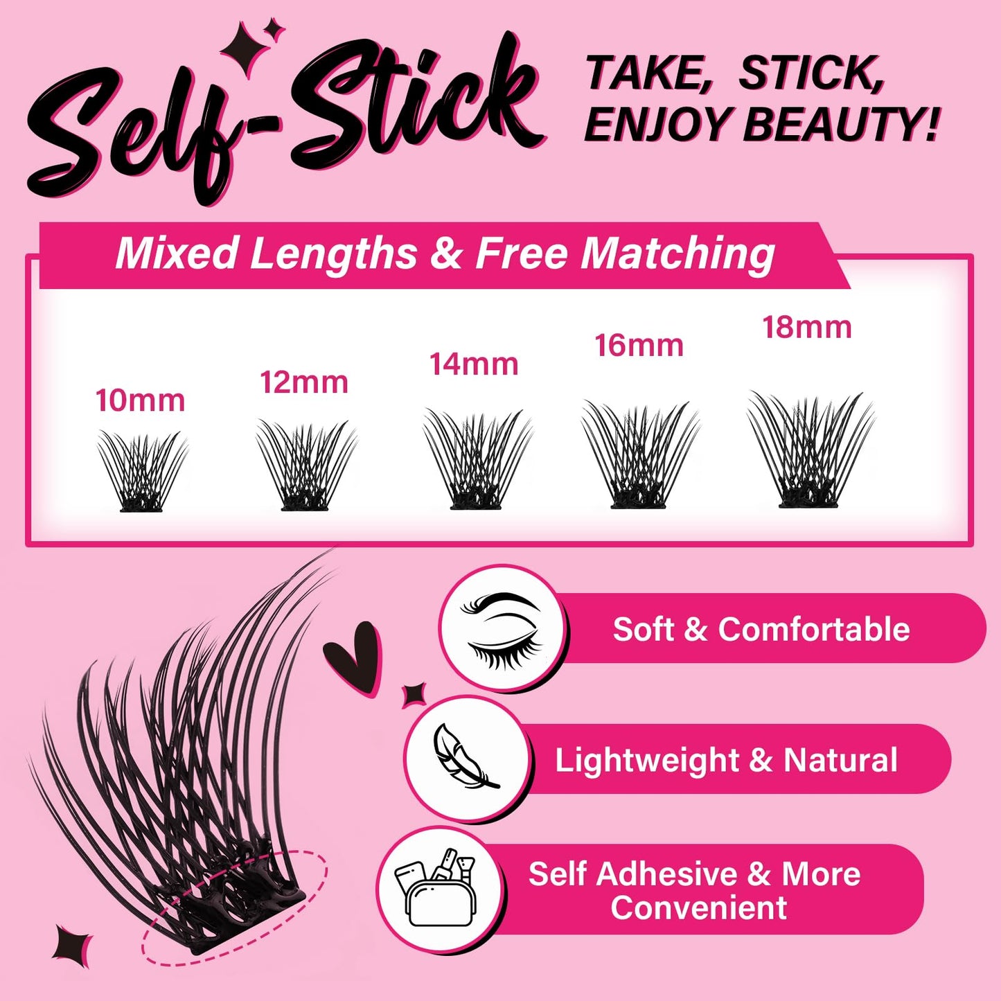 Self Adhesive Eyelashes 48Pcs Lash Clusters Self Stick Lashes Reusable Self-adhesive Lashes No Glue Cluster Lashes Easy for Use(Velvety,D-10-18mix)