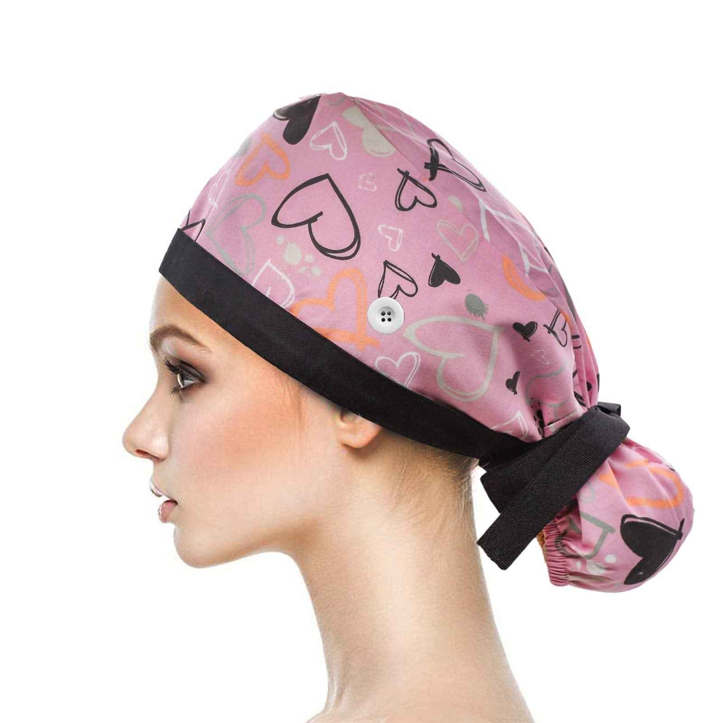 Hotme Working Cap with Buttons and Sweatband Adjustable Ribbon Tie Ponytail Hats for Women,Long Hair Head Covers Hair Caps