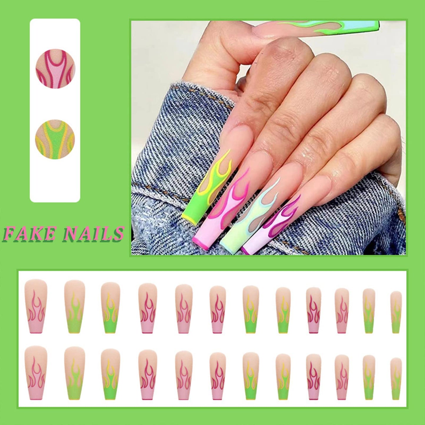 Press on Nails Long Coffin French Tip False Nails with Colorful Flames Design Matte Stick on Nails Full Cover Fake Nails for Women Girls Artificial Acrylic Nails 24 Pcs