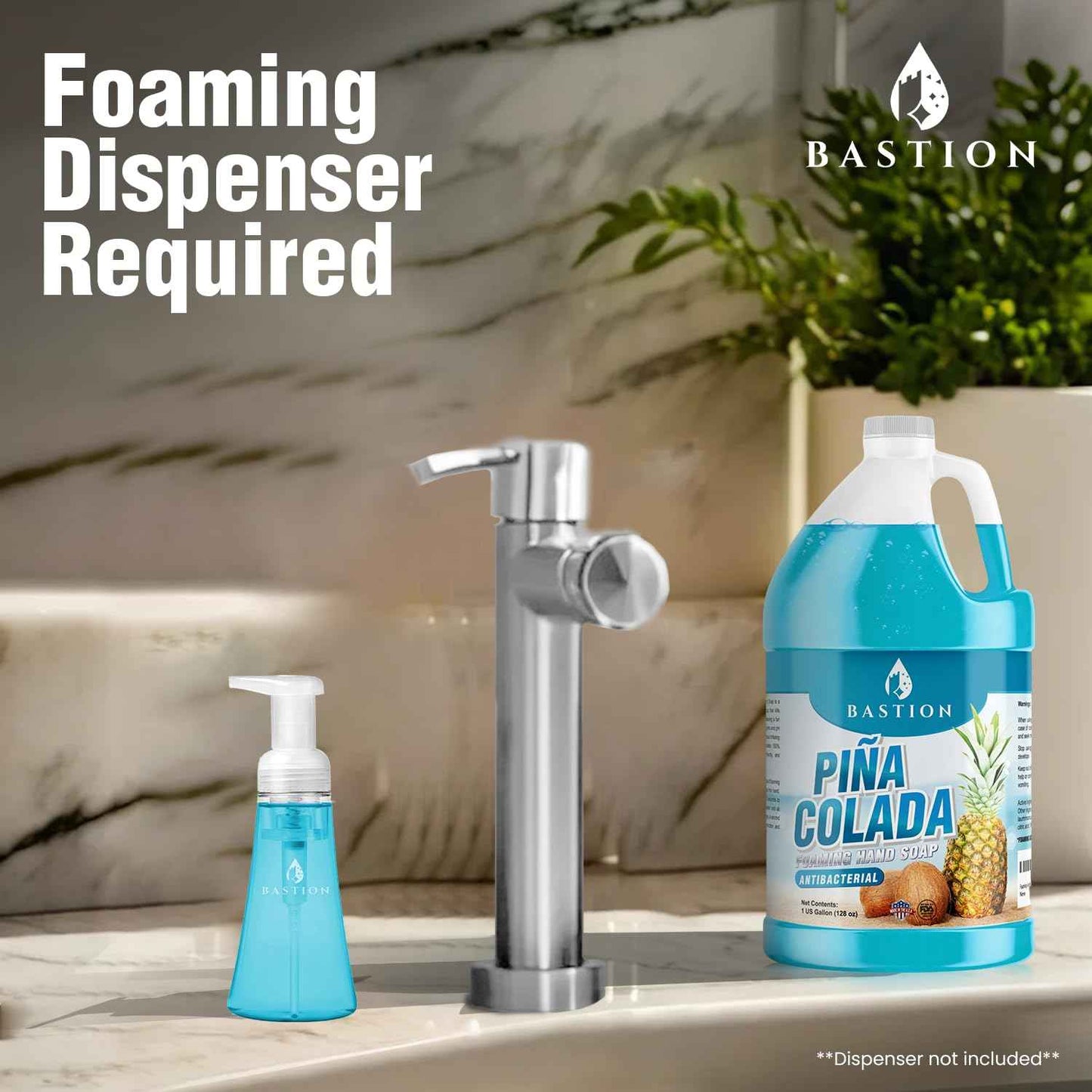 Bastion Foaming Antibacterial Hand Soap Refill – Pina Colada Scent, 1 Gallon (128 oz) – Bulk Moisturizing Hand Wash for Home, Office, Kitchen, Bathroom – Kills Germs, Softens Hands