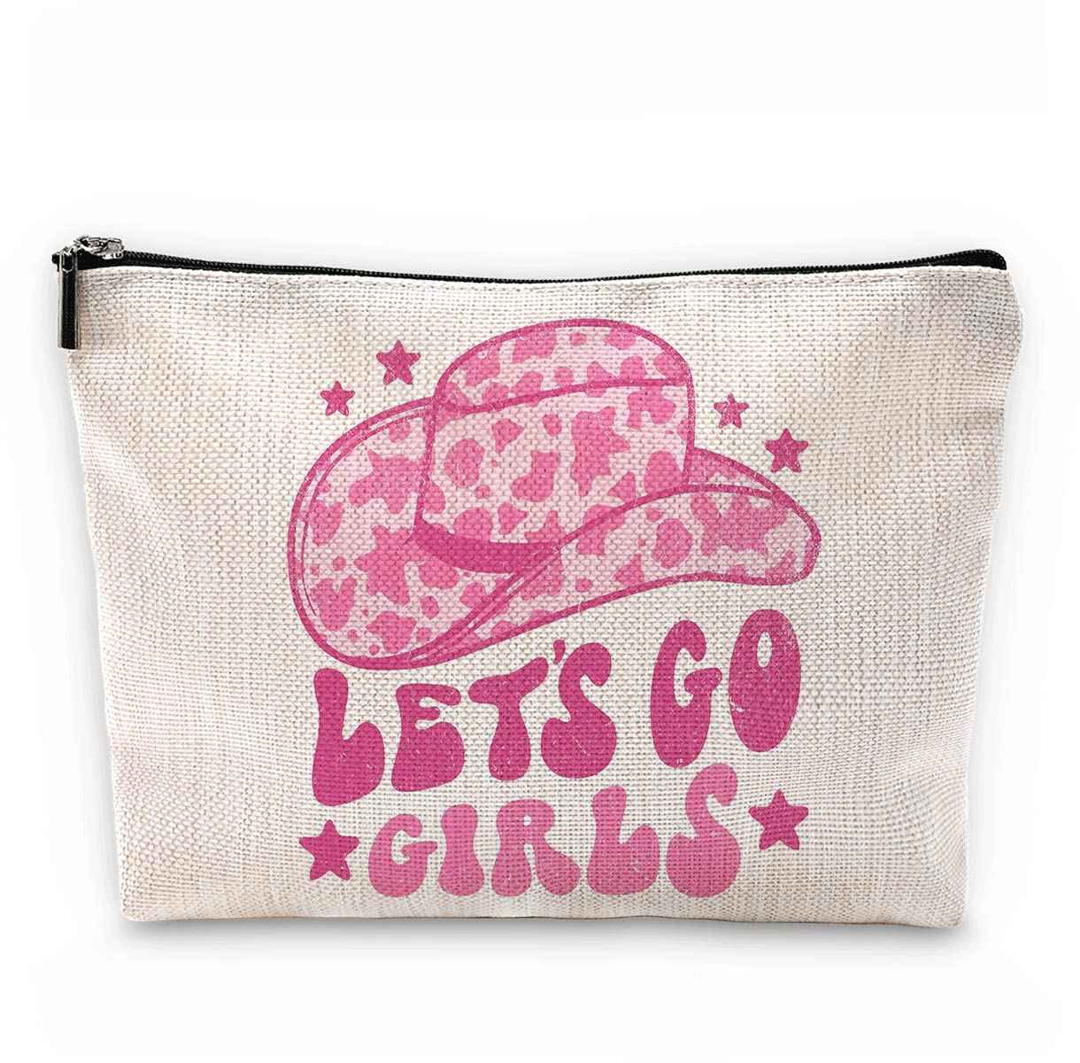 Sufamb Let's Go Girls Hot Pink Preppy Glitter Cowgirl Hats Makeup Bag,Western Country Cowgirl Cosmetic Pouch for Women Girls,Christmas Birthday Gifts for Teen Girls,Cowgirl Gifts for Girls