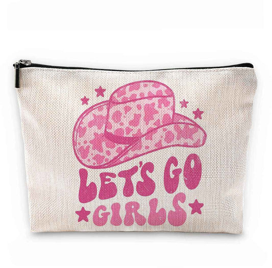 Sufamb Let's Go Girls Hot Pink Preppy Glitter Cowgirl Hats Makeup Bag,Western Country Cowgirl Cosmetic Pouch for Women Girls,Christmas Birthday Gifts for Teen Girls,Cowgirl Gifts for Girls
