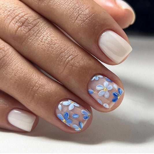 MERVF Square Press on Nails Short Fake Nails Press ons Blue Floral Glue on Nails White Squoval Acrylic Nails Spring False Nails with Flower Design Glossy 24pcs