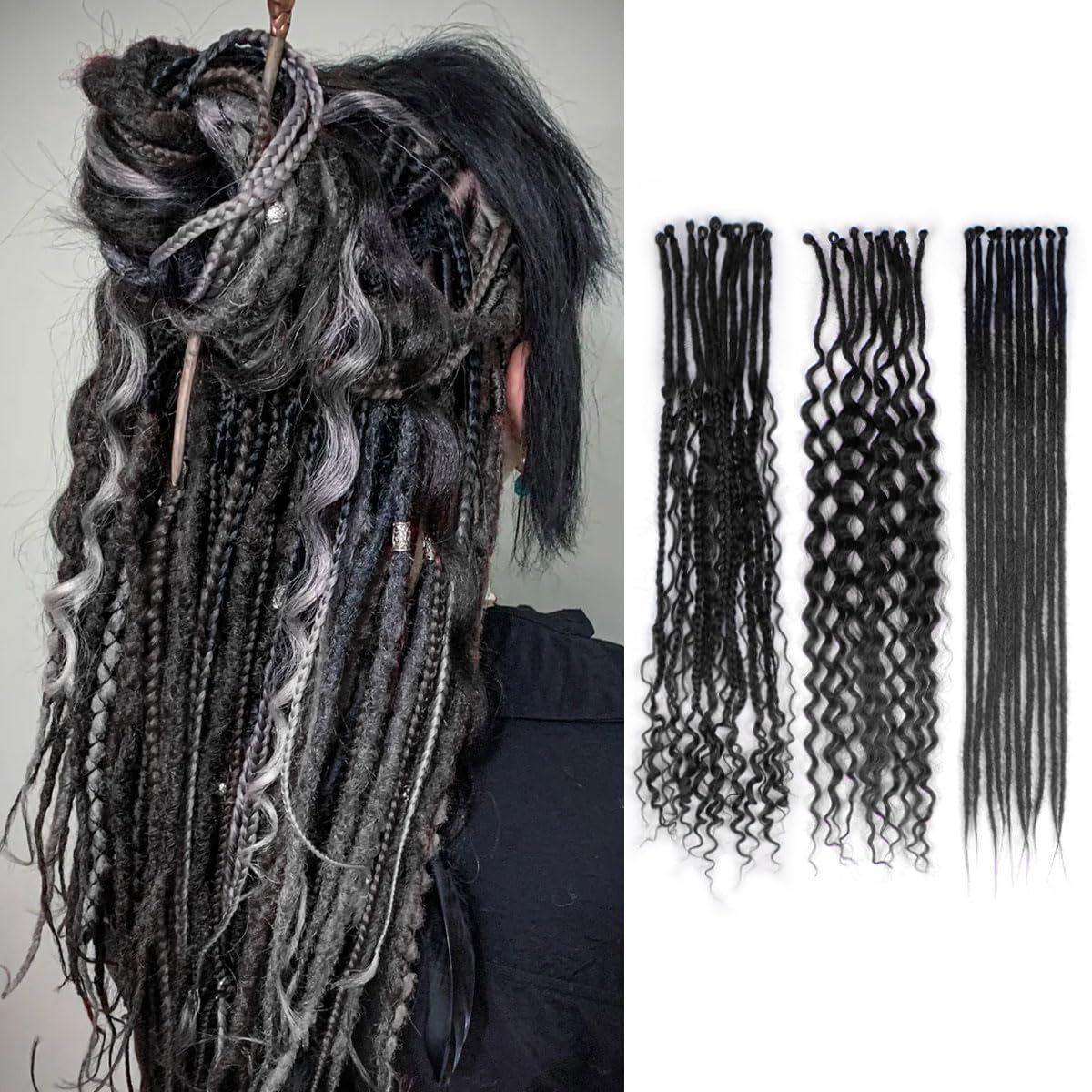 Pouweney 24 Inch 3 In 1 Dreadlock Extensions Sets, 30 Strands Mixed Ombre Brown Synthetic SE Dreads Extensions, 100% Handmade Soft Single Ended Curly Boho Wavy Dreads for Girls