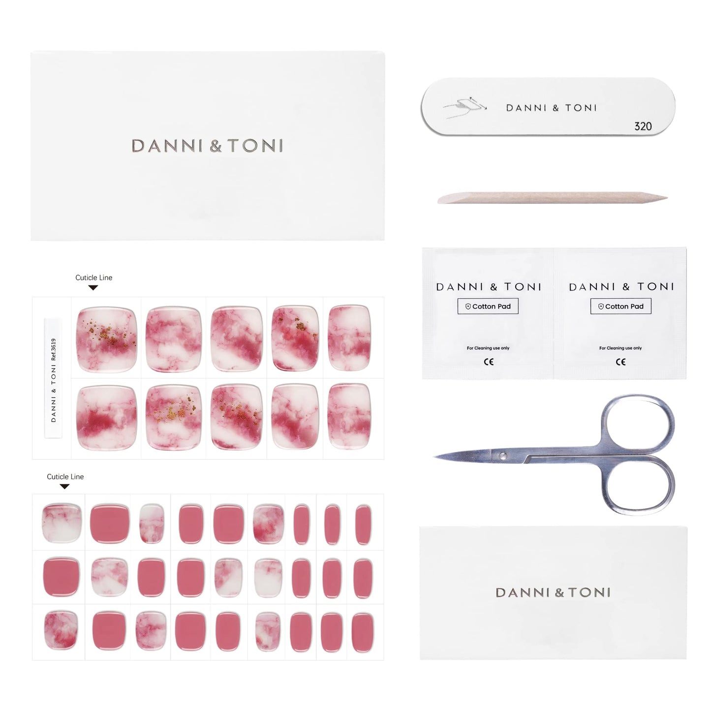 DANNI & TONI Semi Cured Gel Toenail Strips Red and White (Bold and Beautiful) Tie-dye Gel Toenail Stickers Gold Foil Toenail Polish Strips 37 Stickers