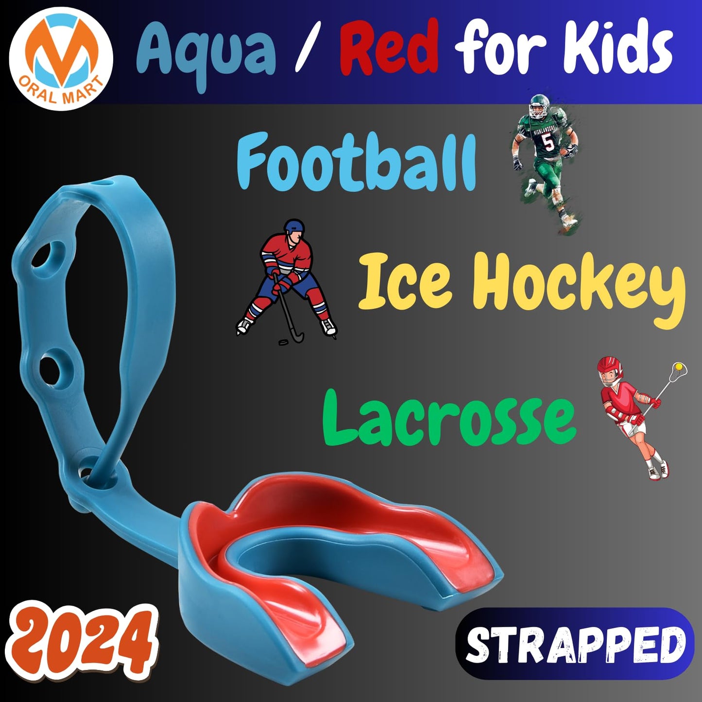 Oral Mart 2024 Strapped Youth Mouth Guard (Aqua/Red) for Kids - Sports Mouthguard with Connected Strap for Ice Hockey, Football, Lacrosse, Taekwondo