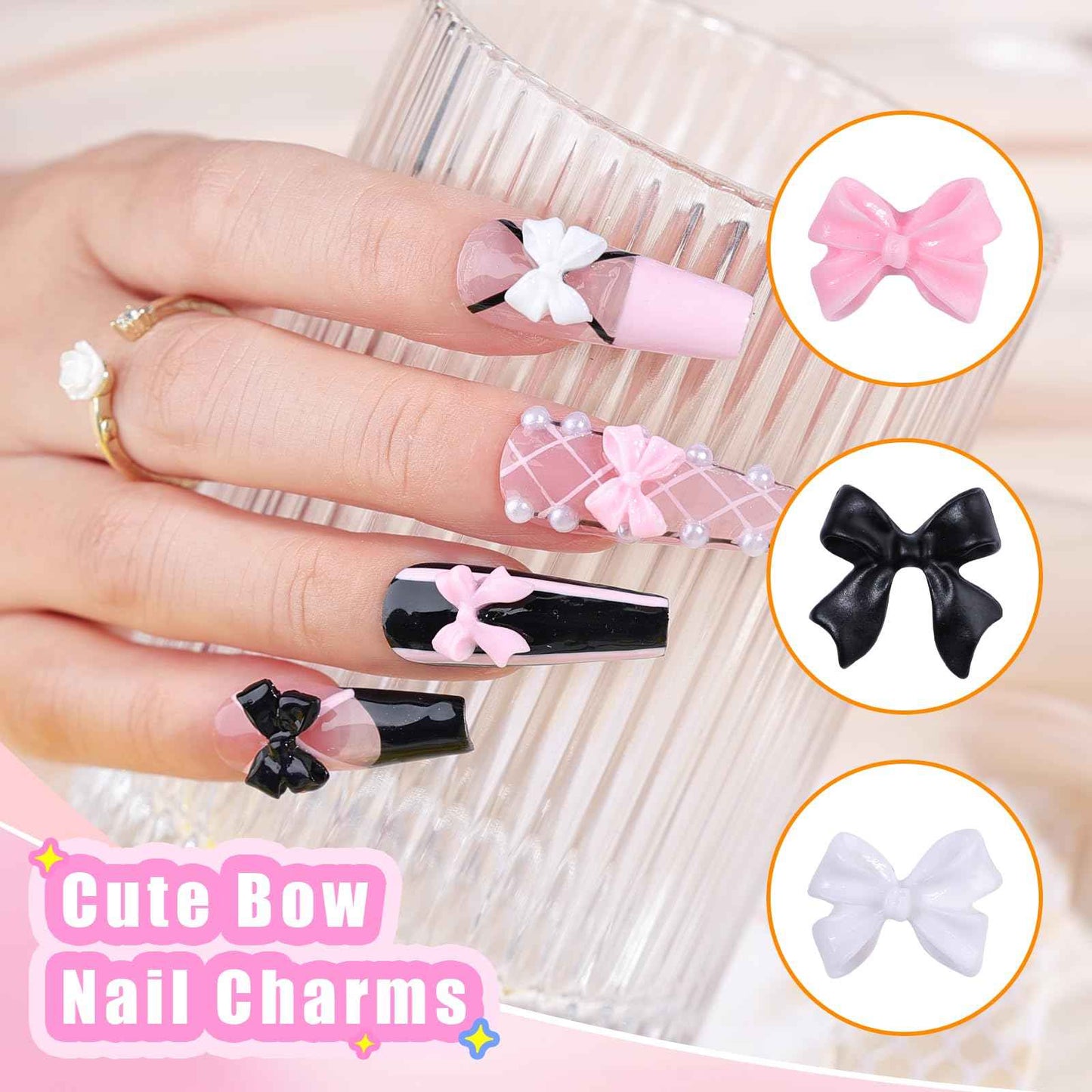 Kikonoke 420PCS Bow Nail Charms Kit with Half Pearls, 3D Acrylic Nail Gems Rhinestones, Pickup Tools for Nail Art Design, DIY Crafts, Valentine Gifts