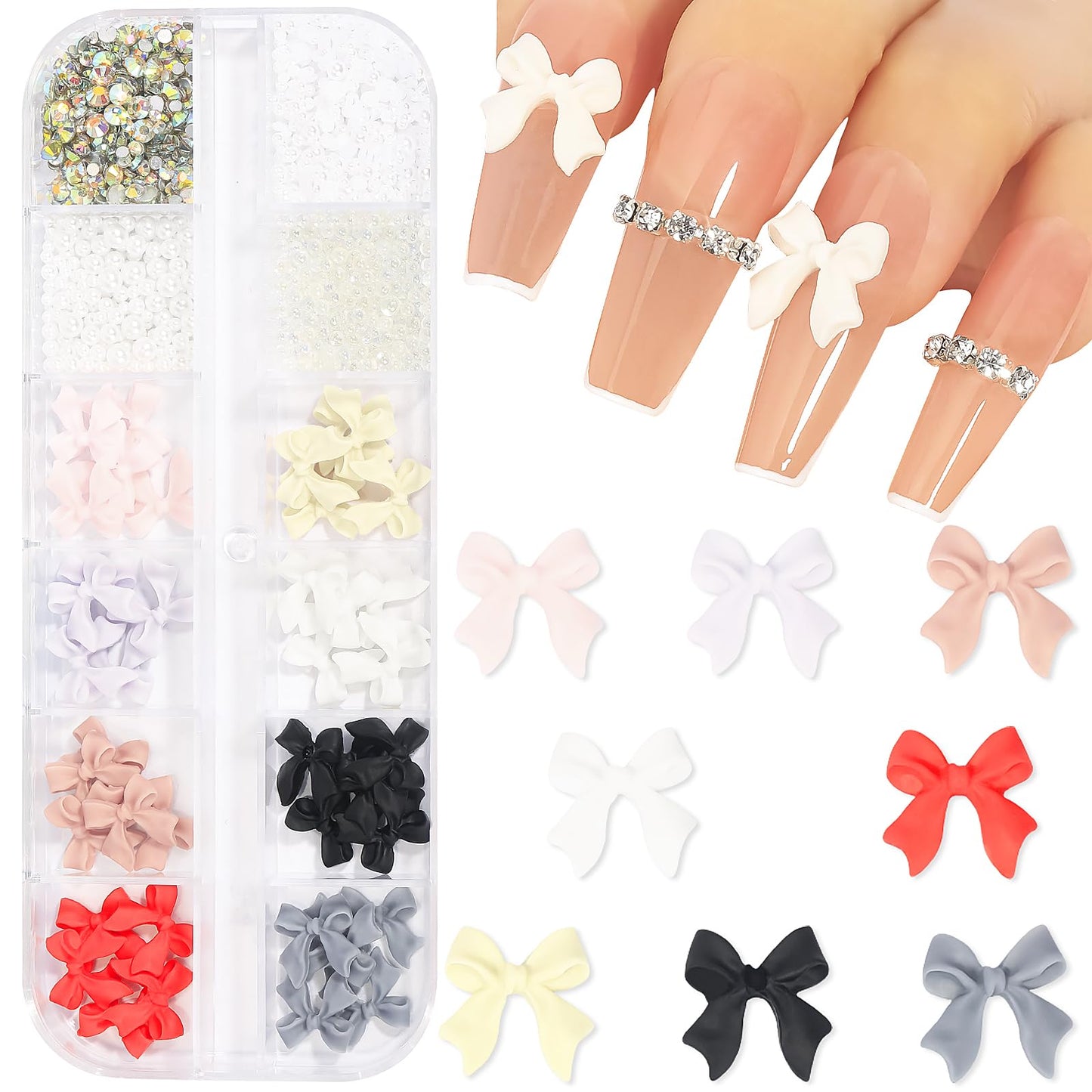 Colorful Bow-Knot Nail Stud Rhinestones Crystal 3D Bow-Knot Nail Charms Set for Acrylic Nails Mixed White Flatback Nails Jewelry Gem Stones Nail Beads Nail Art Rhinestones for Nail Design DIY 2#